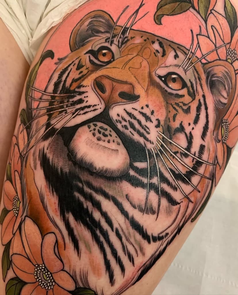 Tiger for Gemma. Big cats are always welcome, I really don’t get asked to do them enough! 
.
.
.
.
 #tattoo #tattoos #tattooist #tattooflash #tattooartist #tattooer #tattooshop #neotrad #neotradeu #tattoodo #neotradsub #ntgallery #oldlines #tattoosnob #neotradtattoo #neotraditional #neotraditionaltattoo #golddaggertattoo #golddagger #winchester #winchestertattoo #flower #nouveau #botanical #floral #cat #cattattoo #tiger #tigertattoo #flowertattoo