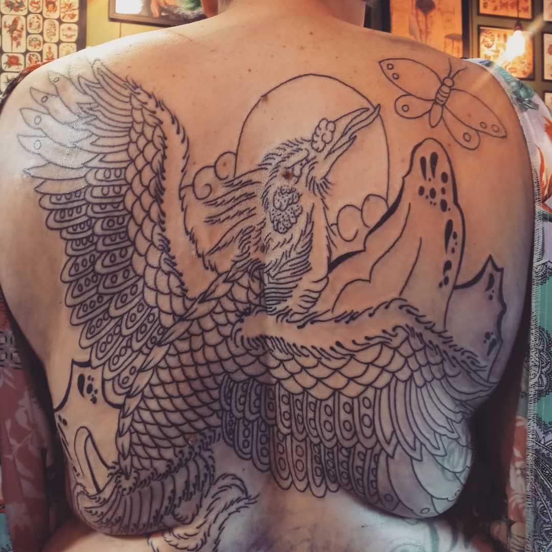 Started this fine looking phoenix today. This is from my to-do backpiece s. 3 hours deep. 
Come get you one....