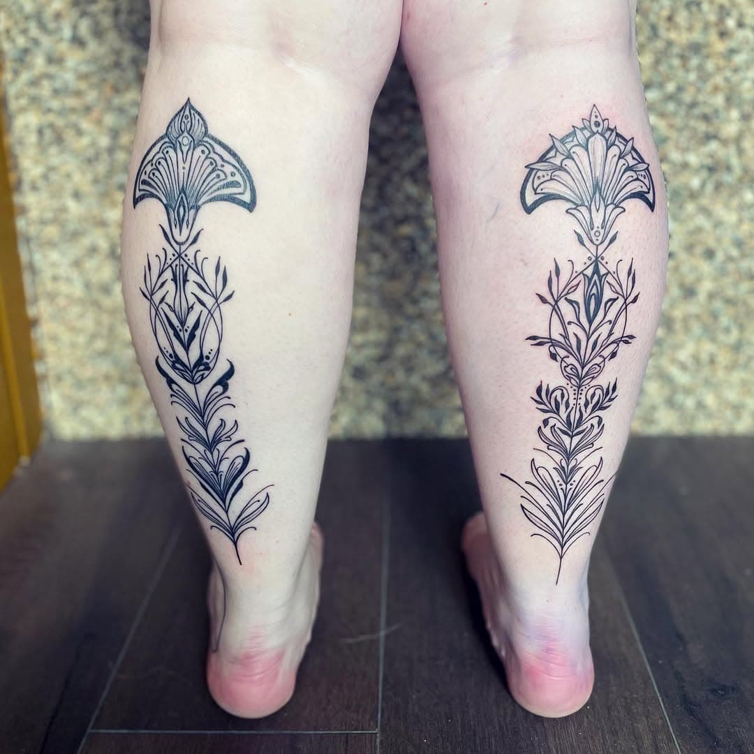 Finished Grace’s calves. Loved doing these. 🥰 
#bbjunetattoos #ladytattooers #thistleandpearltattoo #calftattoos #artnouveauinspiredsorta #folkartinspiredsorta #notquitesymmetricalsymmetry #girlswithtattoos #ashevilletattooer