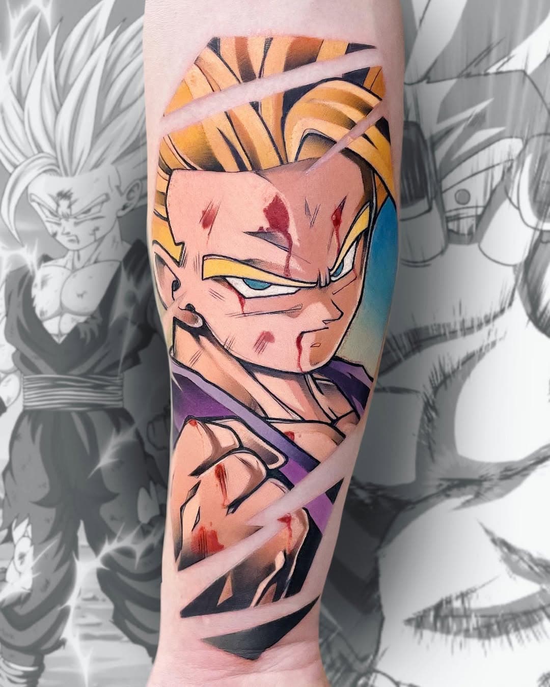 Gohan 💜💜 I work in Warsaw and Germany (guest spot in Kempten) done with @neba.pl on guest spot in @lineink.pl #tattoo #tattooed #ink #inked #animetattoo #anime #dragonballtattoo #dragonball #dragonballz #gohan #gohanssj2 #animemasterink #colortattoo #akiratoriyama #warsaw #łódź #germanytattoo #neba #nebapro #lineink #guestspottattoo #lovemyjob