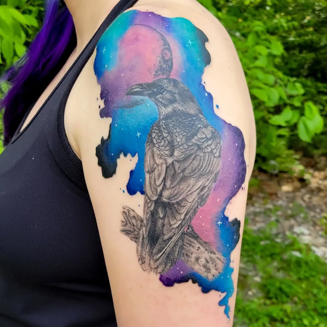 Finished this upper arm piece on Casandra today. Healed Crow, fresh galaxy. 
.
.
.
#galaxytattoo #watercolortattoo #watercolortattoos #watercolortattoostyle #crowtattoo #raventattoo #raventattoos #birdtattoo #birdtattoos #colortattoos #stlouistattooartist #stlouis #stl #stltattooartist #stltattoo #femaletattooartist #tattoos #tattoo #tattooartist #girlswithtattoos #tattooedgirls #moontattoo