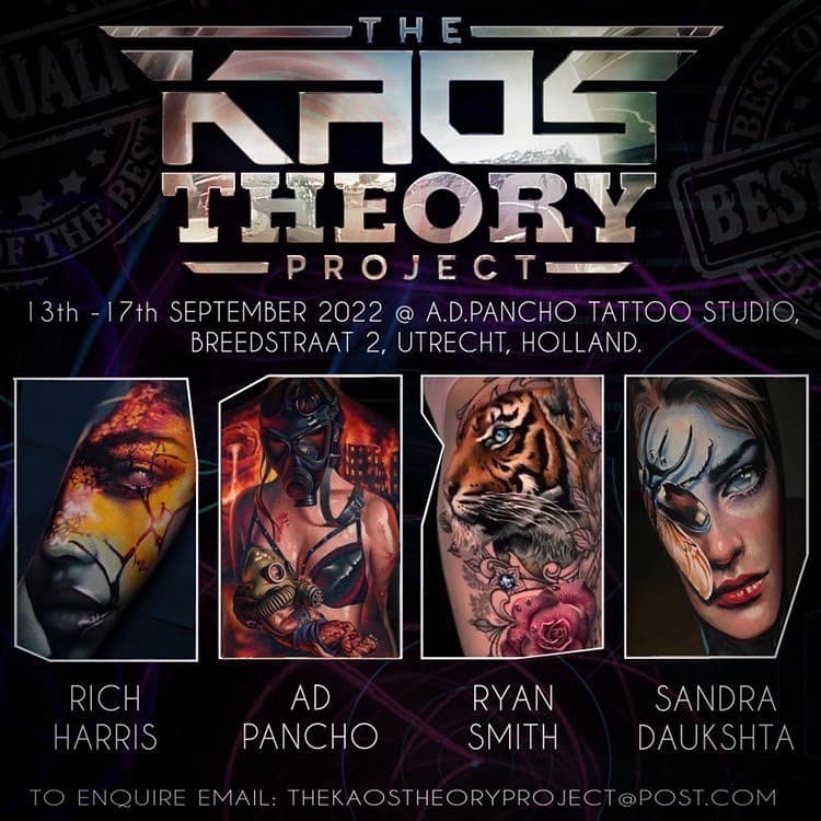 Are you ready for the next edition!? 4 world class artists coming together to create you unique collaborative pieces of artwork! This edition is featuring @ad_pancho @sandradaukshtatattoo @harristattooart & @ryansmithtattooist which will be held @adpancho_tattoostudio in Utrecht, Holland. Spaces have gone very quick, only a couple of appointments left! Get in contact now to be a part of this historic collaborative Kaos Theory session!
