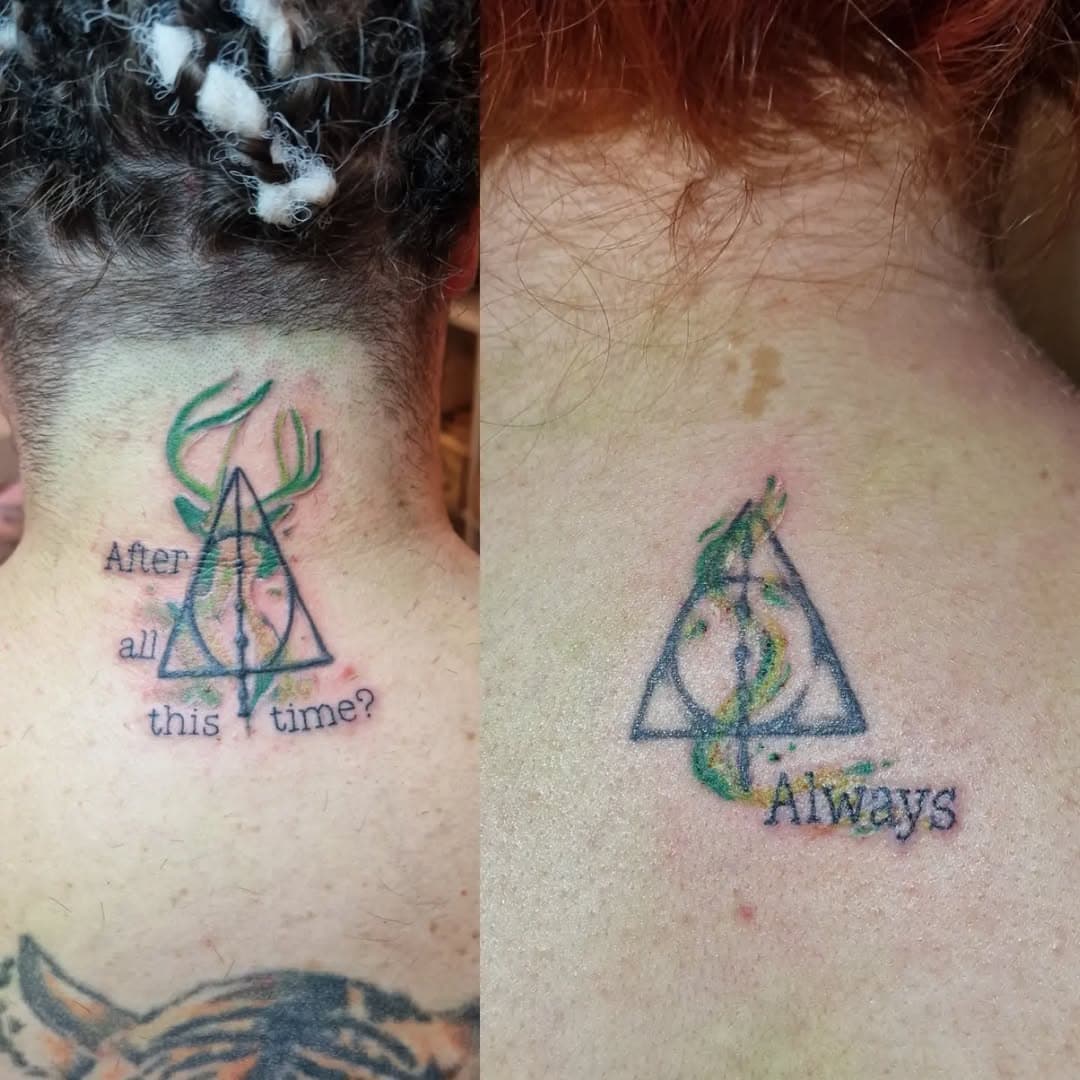 Another one from my guest spot at @angelitehair.
My clients had already had the deathly hallows done else where but wanted to add to it, so added a splash of watercolour in green for slytherin and the quote to make it more personal. 

.
.
.
#Harrypottertattoo #deathlyhallows #afterallthistimealways #protronusstag #regenerationtattoo #eternalink #dynamicink #rotaryworks