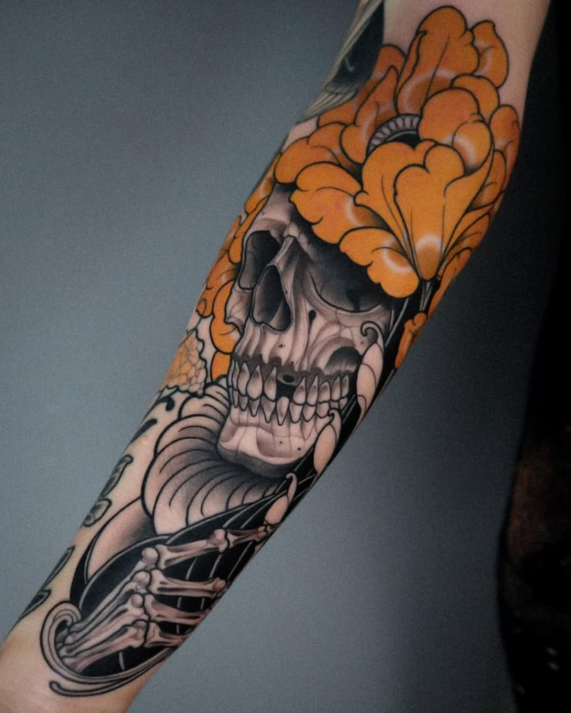 Another one down on @angelina.tattooartist s arm
.
.
.
.
.
#skull #skulltattoo #neotraditionalskull #reaper #reapertattoo #fy #neotraditional #neotraditionaltattoo #tattoo #flower #art #fyp