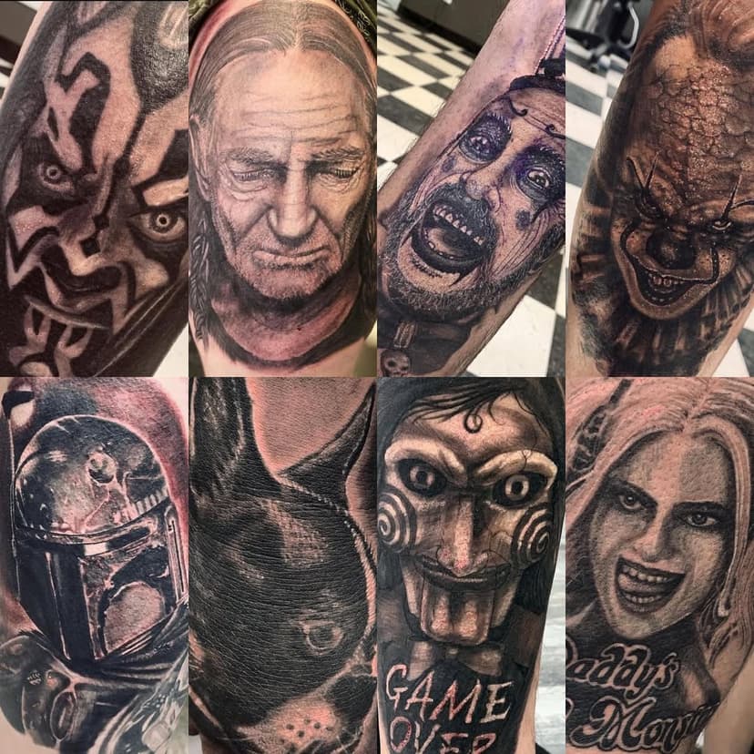 These are some of my favourite pieces I have done since moving out to the cariboo! I will post another collage of more favourites soon so make sure you follow!! 

@kwadron 
@heliostattoo 
@northerntattoosupply 
@axysrotary 
@100miletattoo 
@100milepiercing 

#portrait #tattoo #inked #tattooportrait #darthmaul #willienelson #captainspaulding #stephenking #bobafett #bostonterriersofinstagram #saw #jigsaw #harleyquinn #popculture #popculturetattoo #tattoos #williamslake #kamloops #100milehouse #onehundredmilehouse #cachecreek #clearwater #kelowna #penticton