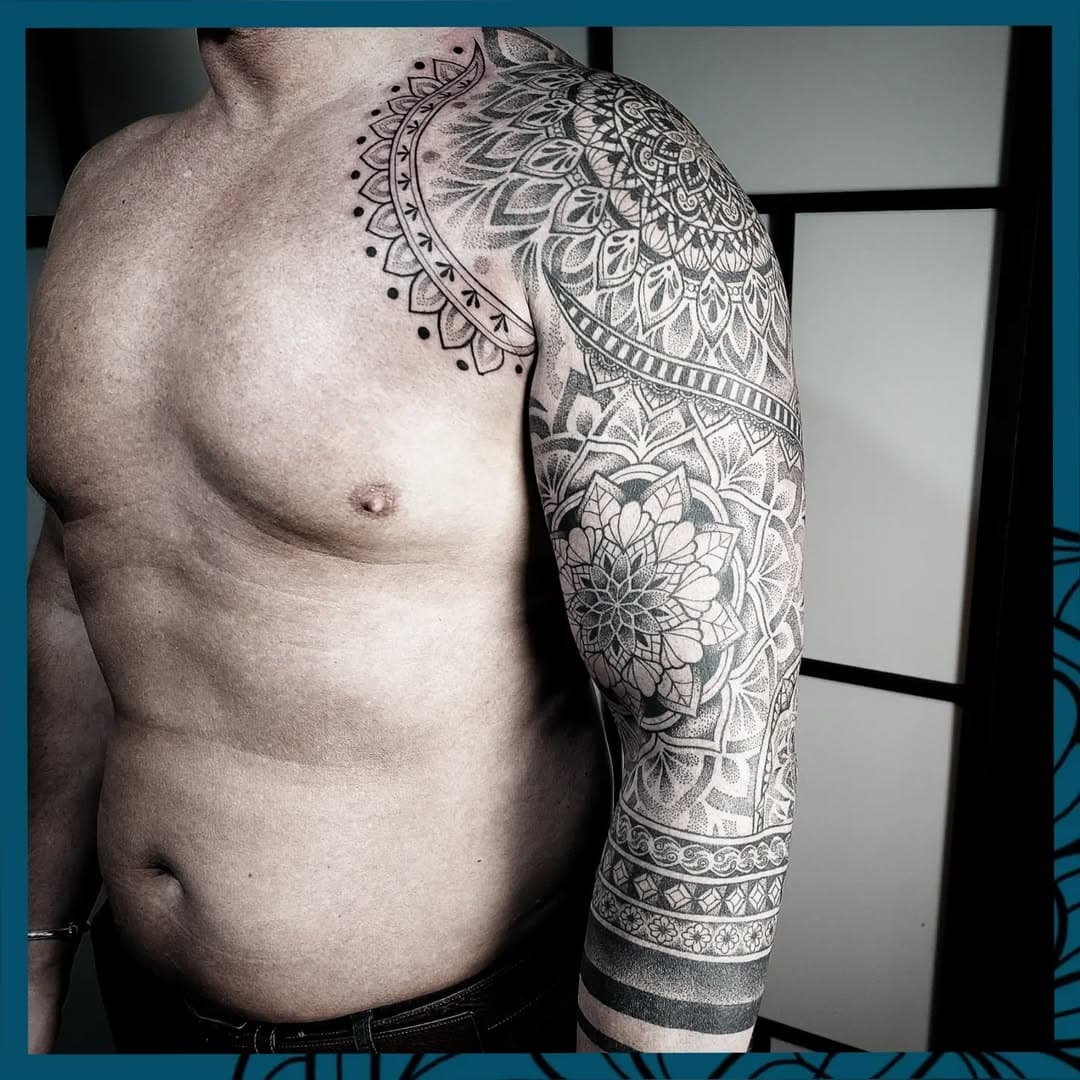 Complete ornamental sleeve. @bleutattoo I love doing larger ornamental projects. 
I have a couple of spaces left in August and room for a small one next week. DM to enquire 💙 
#ornamentaltattoo #patternwork #blackworksleeve #ornamentalsleeve #sleevetattoo #blackworkerssubmission #blackwork #blackworkers_tattoo #blackworktattoo #blackworkers #dotworkers #dotworktattoo #dotworker #dotwork #dotworktattoos #roomforasmallone