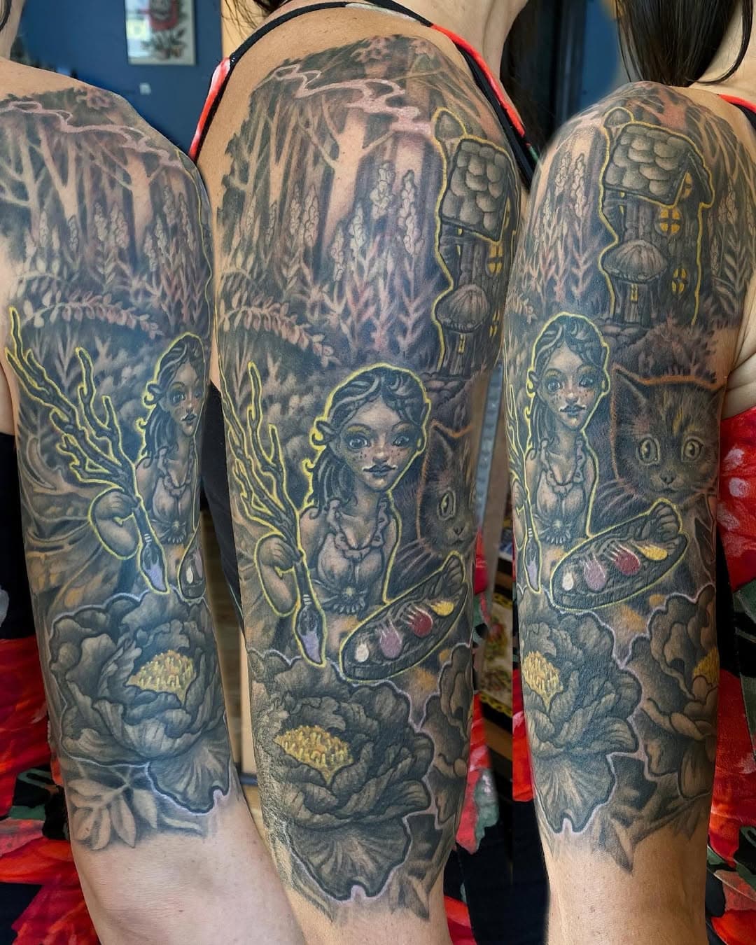 I haven’t been particularly active online, but I’ve definitely been keeping busy these past few months. It’s about time I start trying to update my portfolio in general. 

A good place to start is with Christina’s ongoing sleeve. The first shot is of the finished piece based on a painting she had commissioned during the initial covid shutdown. The second photo is the start of finishing her lower arm. We will be filling it with imaginary creatures she likes. It will continue with the same limited color approach. The new section is far from done, but a fun start for sure!
#doylestown #doylestowntattoo #jackalope #workinprogress