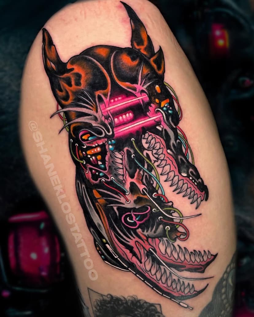 A.I. Cyber Doberman from The Upside Down. Welcome to the future. 
•
I used Midjourney ( an artificial intelligence program) for the inspiration for this piece. I figured If I'm going to do a cyber tattoo then I might as well integrate new cyber techniques. I would love to do more pieces like this. 
•
•
•
#tattoo #doberman #AI #midjourney #theupsidedown #cyberpunk #dystopian #future #2099 #midjourneytattoo #AITattoo