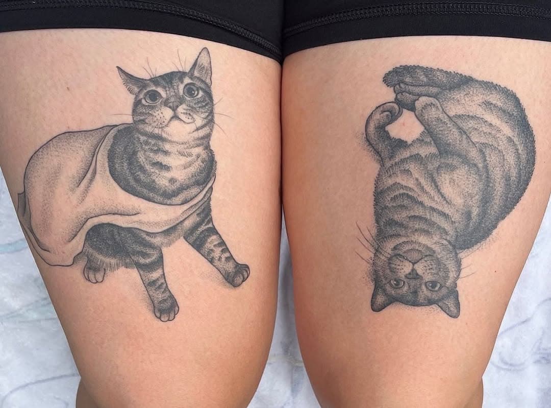 Healed pair of weirdos… Thanks so much, Rachel! 
.
.
#chicagotattooartist #chicagoillustrator #chicagopetportraitartist #goodkindtattoo #tattooartist #ladytattooer #blackandgreytattoo #cattoo #cattattoo #catportrait #petportrait