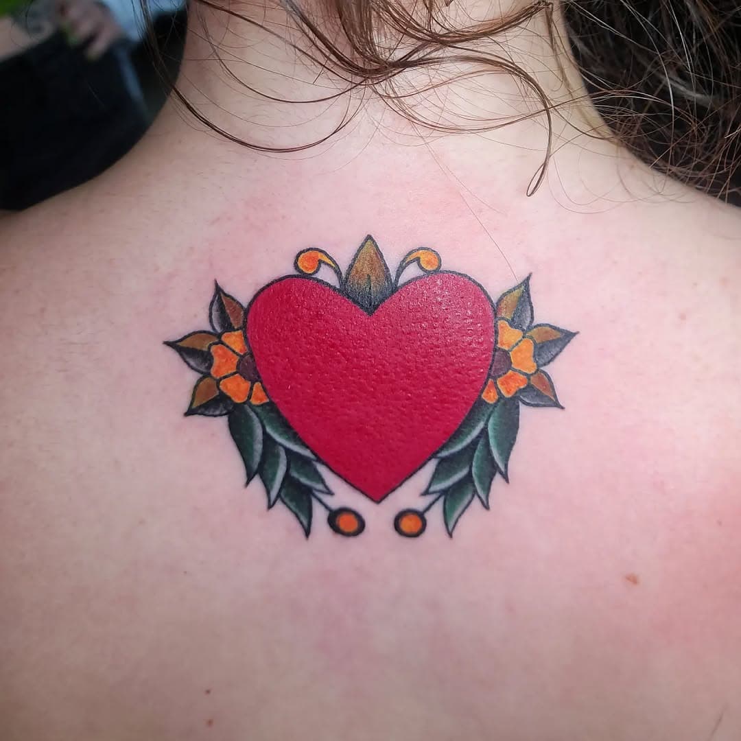 Heart and flowers #flowers #flower #tattoo #tattoos #back #traditionalamerican #jefffarmer1 #heart #hearttattoo #flowerstattoo #americantraditional #nyc #ny #nytattoo #backtattoo #manhattan