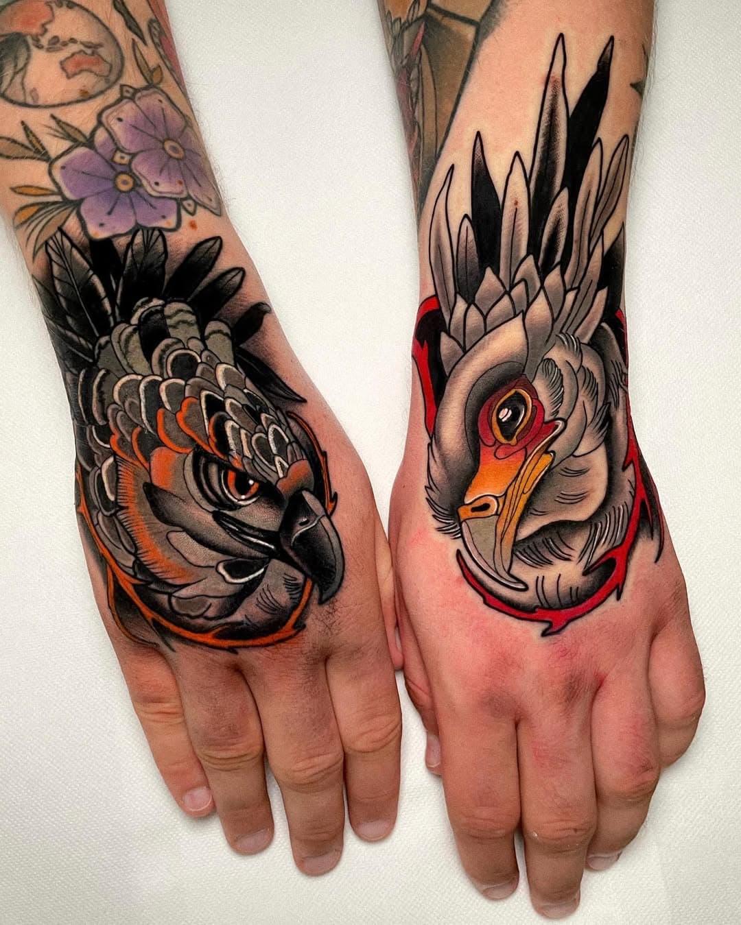 Double hand action done in two days. 

Thanks for trusting me and being as tough as nails! 
Have fun wiping your butt my friend ❤️

The plan was to do one side darker than the other so we decided to go with a darker harpy eagle and a lighter secretary bird. 
If you have similar ideas or want to get your hands tattooed feel free to drop an email to

www.adamgardinertattoo.com 

and I will get back to you on Monday.

#neotraditional #handtattoo #handtattoos #neotrad #neotraditionaleurope #neotradeu #newtraditional #thenewtraditionalistseurope #neotraditionalist #handtat #tattooedhands #hamburgtattoo