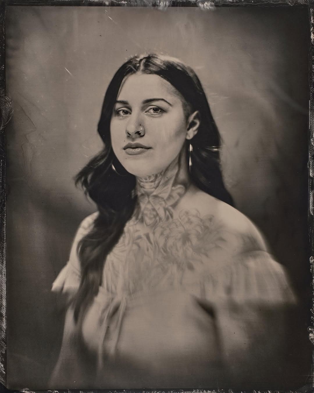 Haven’t really been on here too much lately but here’s a portrait I took of the awesome @zoedtattoos … done @silverandcedar . 8x10 wetplate collodion
.
.
.
.
.
#godox #godoxlighting #tintype #wetplatecollodion #portait #portrait #portraitpage #moodygrams #blackamdwhitephotography #filmphotography #filmisnotdead