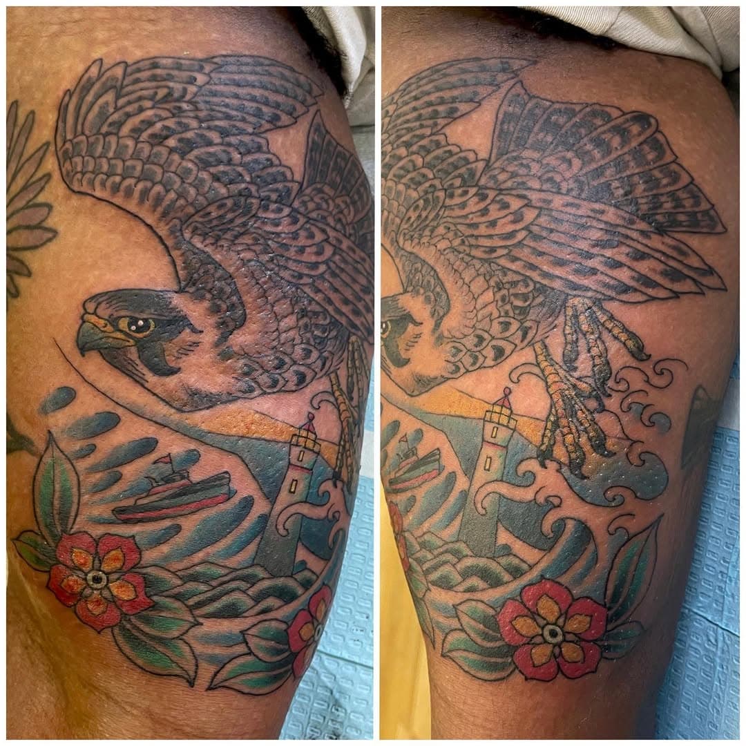 Falling a little behind on posting all the fun amazing things I’m working on, sorry! Here is a Peregrine Falcon soaring over some water I had a blast tattooing. Thank you for the trust and making the journey and thank you all for looking!