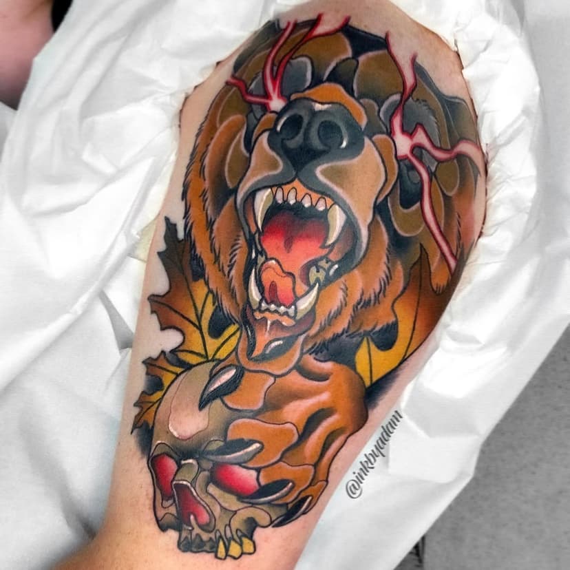 Bear and skull☠️🐻 part healed part fresh.  @inkbyadam  @kalka_tattoo  #neotraditional #tattoo #warsaw #poland #traditional #tradtattoos #neotraditionaltattoo #neotradtattoos #warsawtattoo #polandtattoos #colorwork #colortattoo #beartattoo #skulltattoo #tattoobear #tattooartwork #tattoocommunity #tattooarm #tattooconvention #tattoocollection #largetattoo