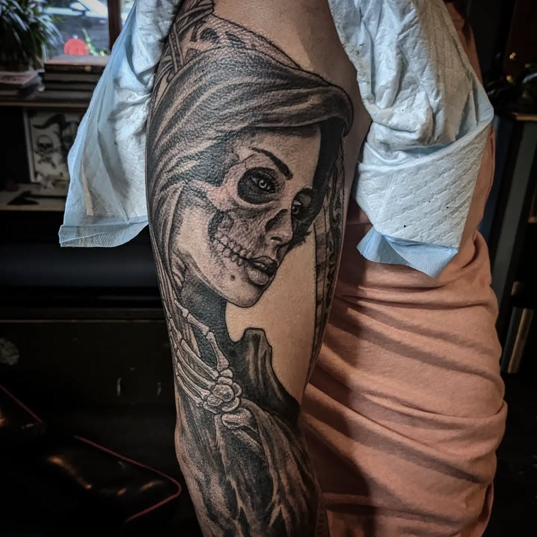 Thanks Brandon! #tattoo #blackandgreytattoo #grimreaper #grimreapertattoo #santamuerte #santamuertetattoo #skulltattoo #coloradotattooartist #coloradospringstattooshop #coloradospringstattoo #tattooartist