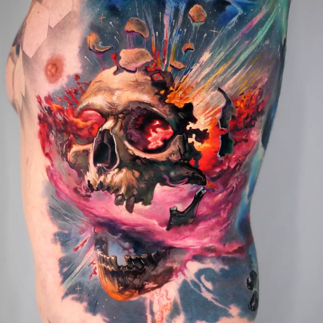 "Skull explosion.space"
On @the_inked_shrink . Thank you, it was pleasure to spend 3 long sessions! 

#tattoo #colortattoo #skulltattoo
#ribtattoo #coloradotattooartist #colorado #spacetattoo