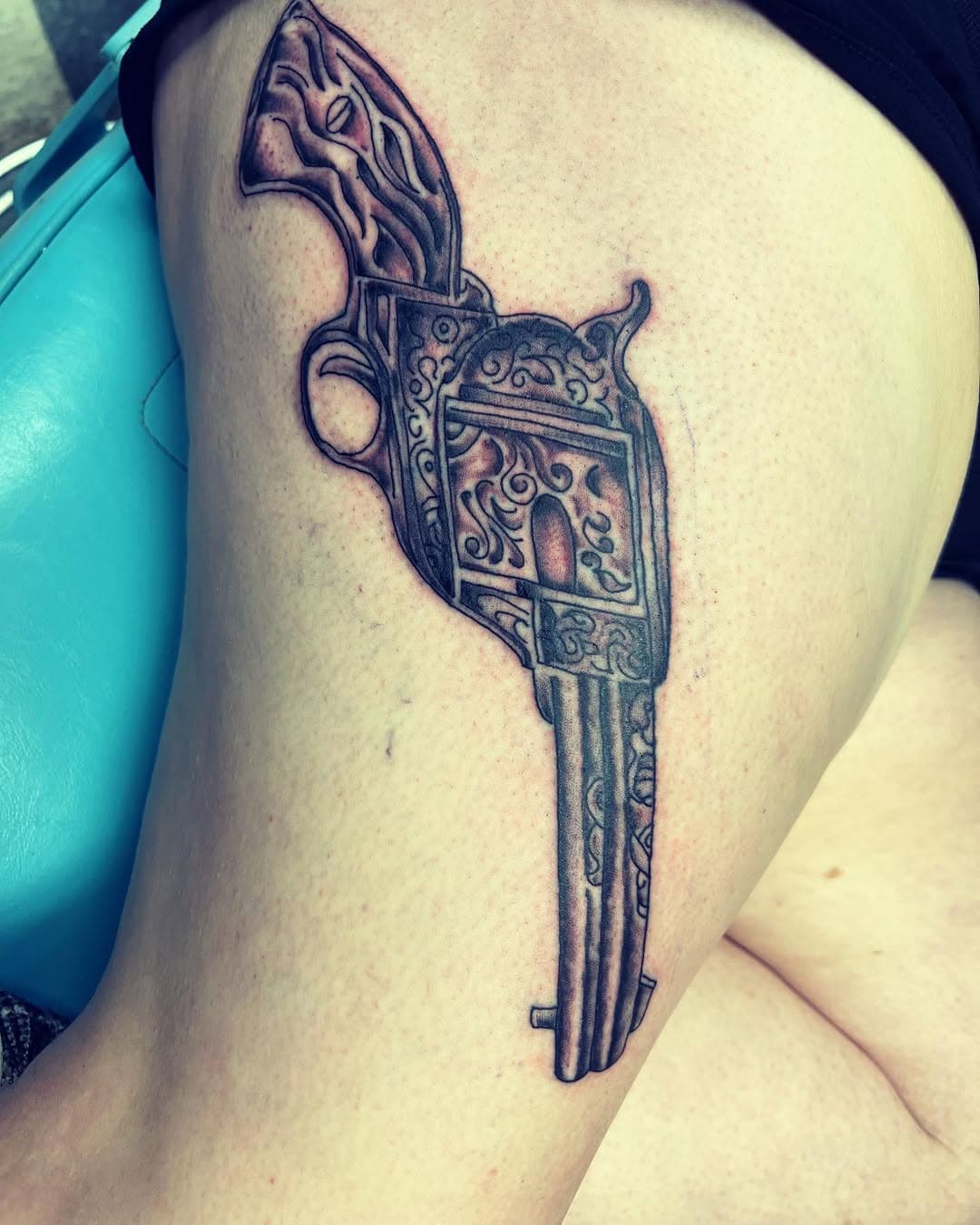 Start of revolver/garter belt piece #redbeardtattoo #harrisburgpa #revolvertattoo  #theburgsfinest