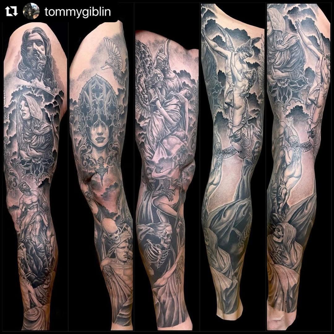 A little over 2 years to complete this massive #legsleeve. A little play on Good vs Evil. Thanks for your patients and commitment Rich!! @njfun22 
.
.
.
.
. #cypherink #cypherinktattoos #tommygiblin #blackandgreyrealism #tattoosofinstagram #tattoooftheweek #tattoooftheday #blackandgreytattoo #inkfusion #inkfusionempire