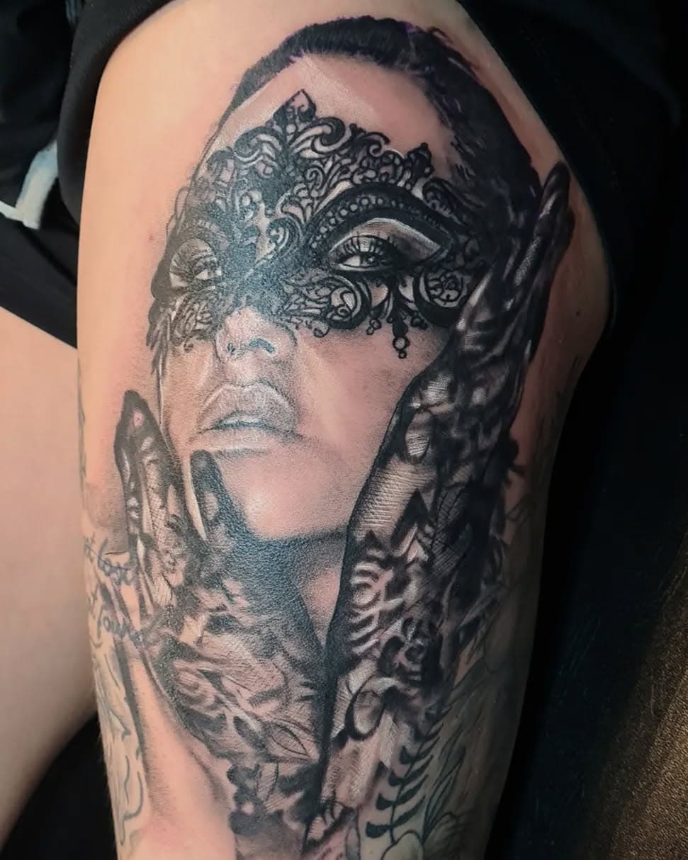 Big one done today on Steph's leg

#masquerade #masque #masquerademasks #masqueradegirl #tat #tattoo #tattoos #tattooed #tattooink #tattooist #tattooart #tattooartist #ink #inked #inktattoo #blackandgreyrealism #blackandgreyink #blackandgreytattoo #bng #bngink #bngrealism #bngtattoos #dynamictripleblack #dynamicblackink #dynamiccolor #starbritewhiteink