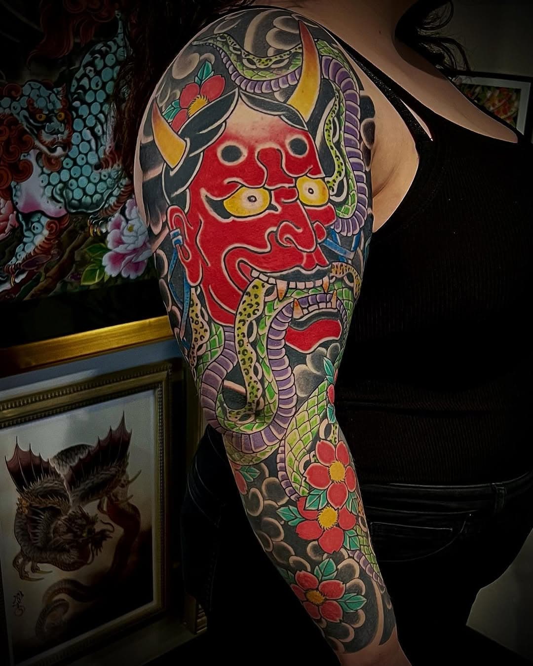 Hannya sleeve on a great client. @machineagetattoo