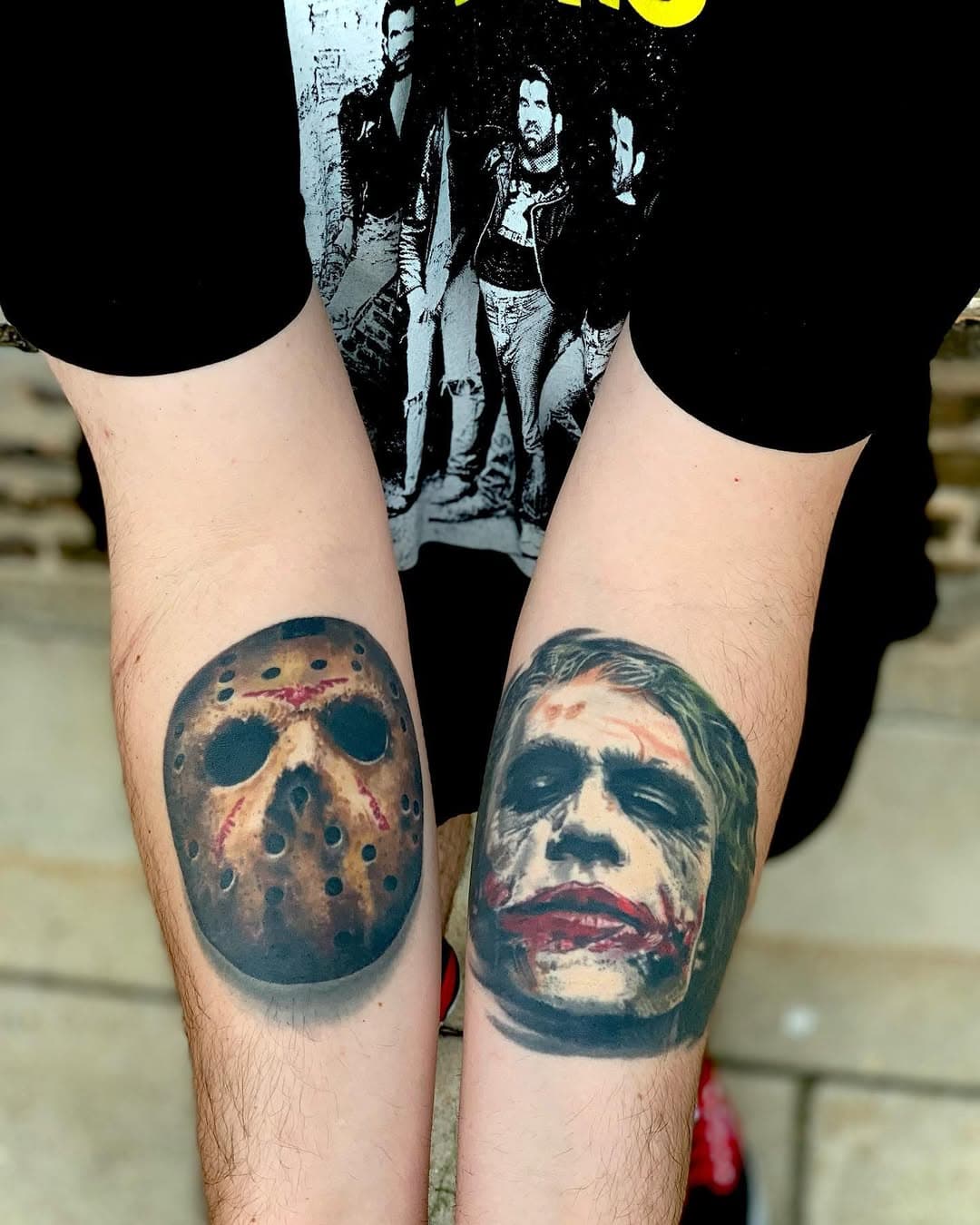 Got to see these two ugly mugs healed. Jason is 5 years healed, Joker is 4 years healed.  #jasonvoorhees #fridaythe13th #fridaythe13thtattoo #campcrystallake #joker #jokertattoo #horror #heathledger #chicagotattooer #jokermovie  #Chicagotattoo #chicagotattooartists #chicagotattoos #chicagotattooshops #darkhearttattoo #darkartists #occultart #portraittattoo #colortattoo #colorrealism #everydayishalloween