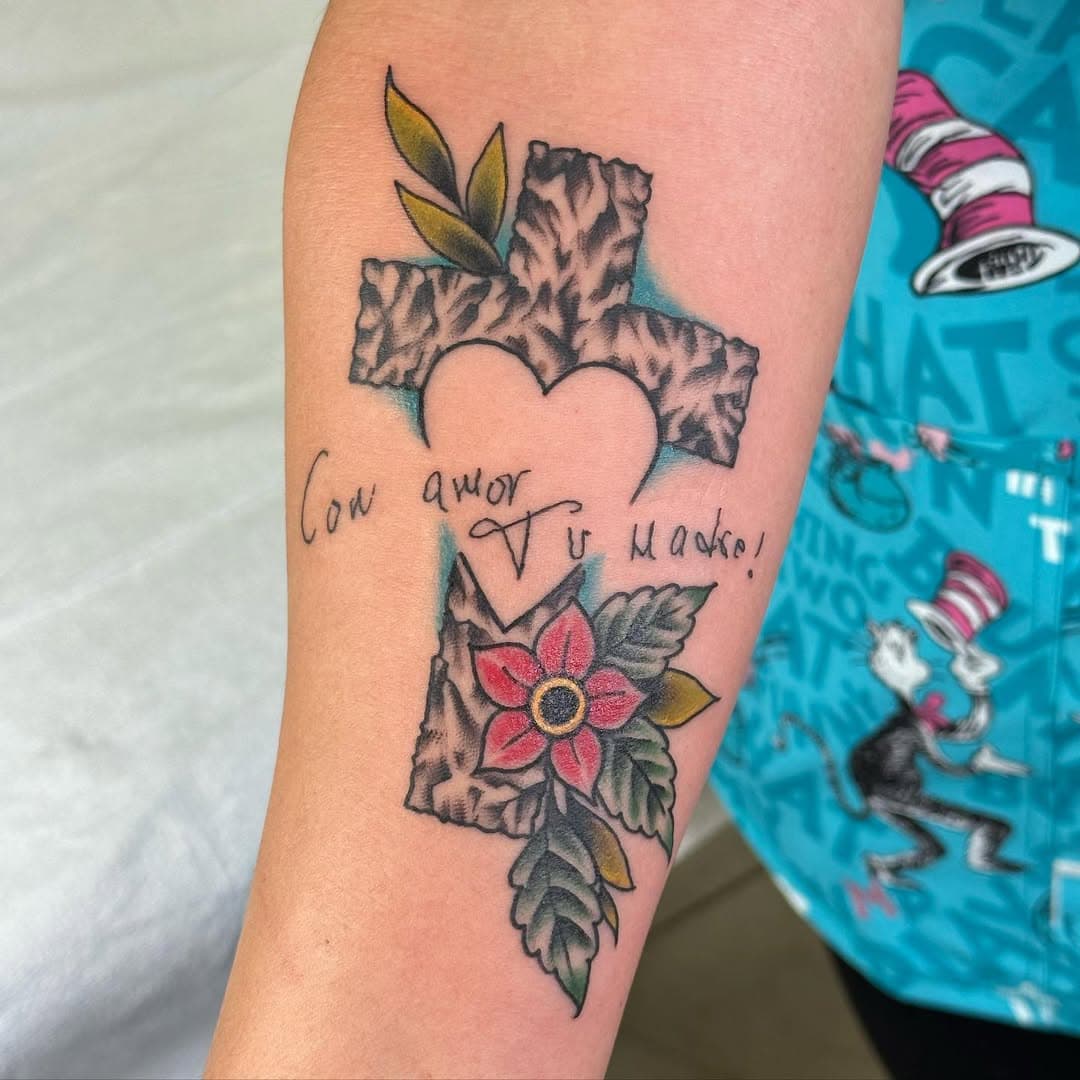 Really enjoyed making this one. Rockin to church music and everything! #rockofages tattoo for Maciel and her moms hand written message from her Bible 😇🙏🏼🥰 DM for appointments!