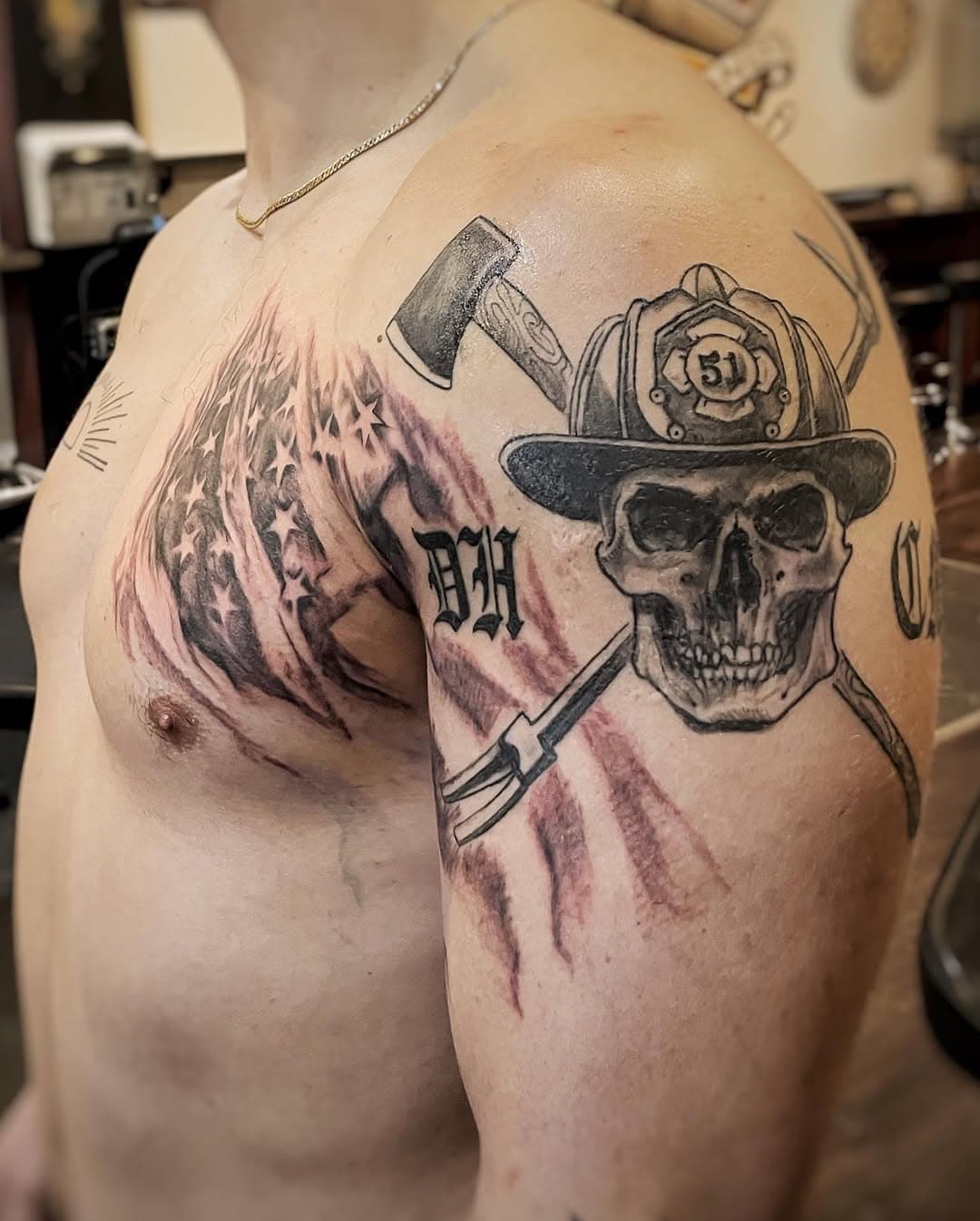 I love doing tattoos on our country’s bravest.  Skull and tools healed, fresh flag addition. Work in progress. 🖤 thank you all who keep us safe and put their lives in the line for little old ‘us’  #USA #firefighters