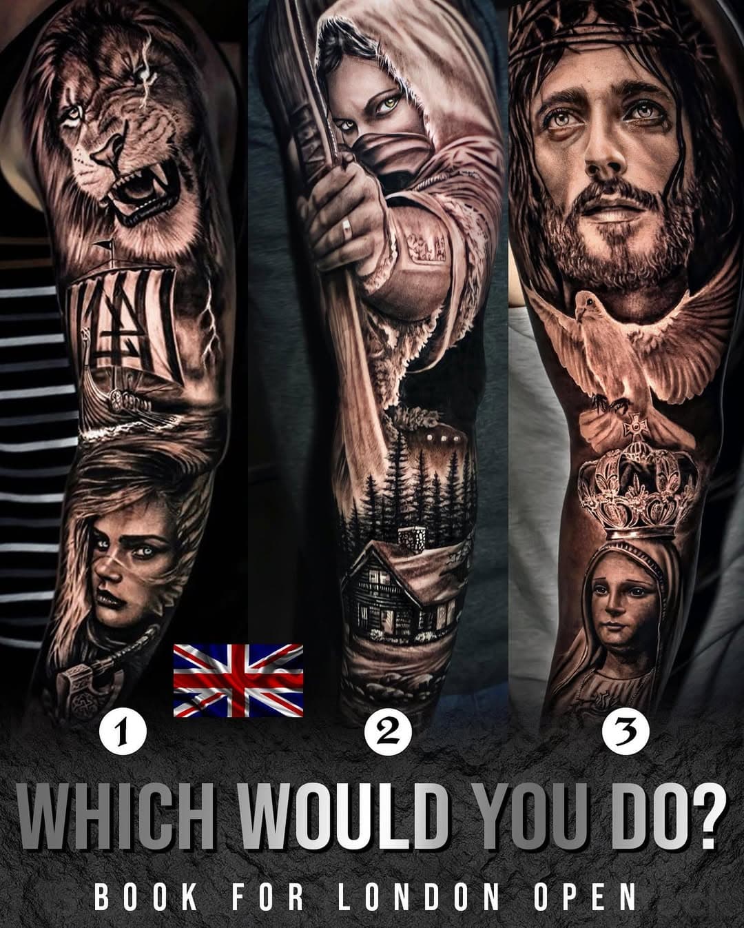 Which would you do? 1,2,3? 

🇧🇷 One of the best artists in Brazil now in London for a Tattoo Tour 🇬🇧

📍NOVEMBER 📍

🏆 We are here to deliver you the best of the Black&Grey style you not find elsewhere 🏆

We still have dates left!
⚪️ Send us a Direct Message and you'll receive all the information about bookings ⚪️