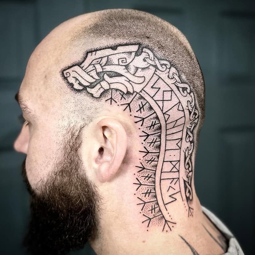 Beast-head with runes for Max. This is a bit different to my usual work and was an absolute blast to do. Any runic tattoo comes with a brief explanation of the origins and differences of the Elder and Younger futhark, the Saxon Futhorc and the limitations of each. From there we collaborate on what is going to best suit each individual, in this case Max went with the Elder Futhark for the main piece of writing and I’m super stoked with how it came out!
🌀
#vikingtattoo #nordictattoo #norsemythology #viking #wolftattoo #rune #runictattoo #runes #runetattoo #vikingart #celticknot #runic #futhark #pagantattoo #fenrir