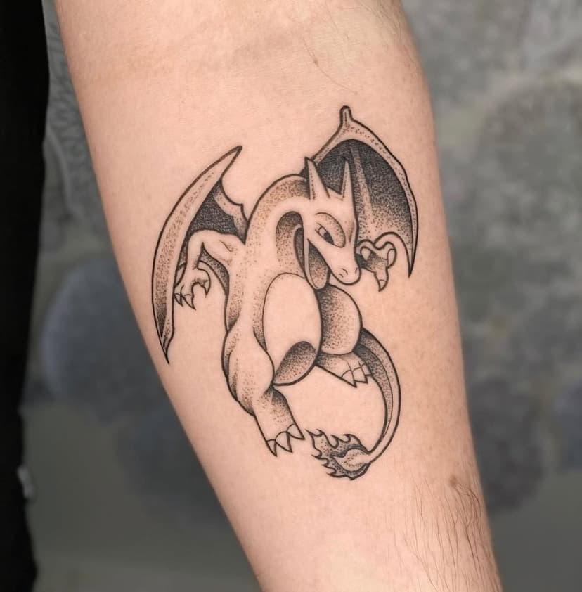 Charizard made by @mick_cage_tattoos #pokemon #pokemonart #pokemontattoo #nerdtattoo #geektattoo #linework #blackwork #dotwork #dotworktattoo #belfastdotwork #belfastblackworkstattoo