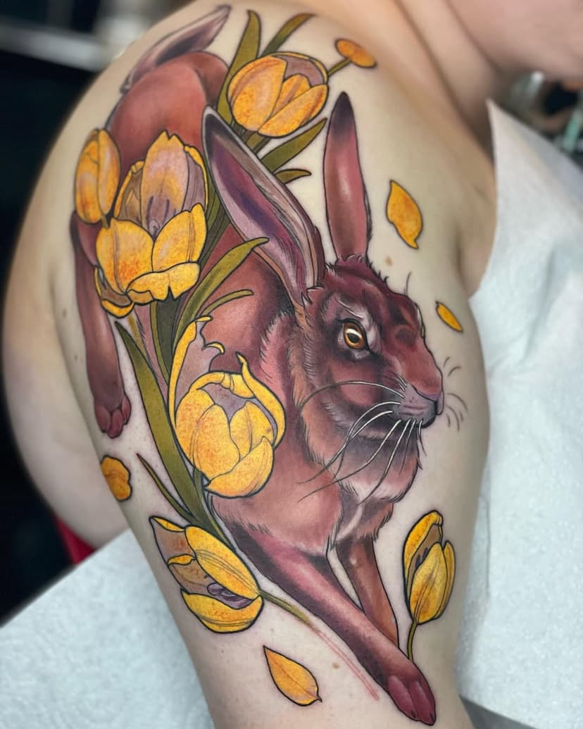 I made this hare yesterday at my guest spot with the beautiful souls at @seriousinkstudio it was Amy’s FIRST tattoo and she sat all day! Hard as nails she is-as well as a master focaccia baker! Thankyou for choosing me to make your wild hare for you girl! I had a lovely day 🌈 #haretattoo #halfsleeve #firsttattoo #bristoltattoo #guestspot