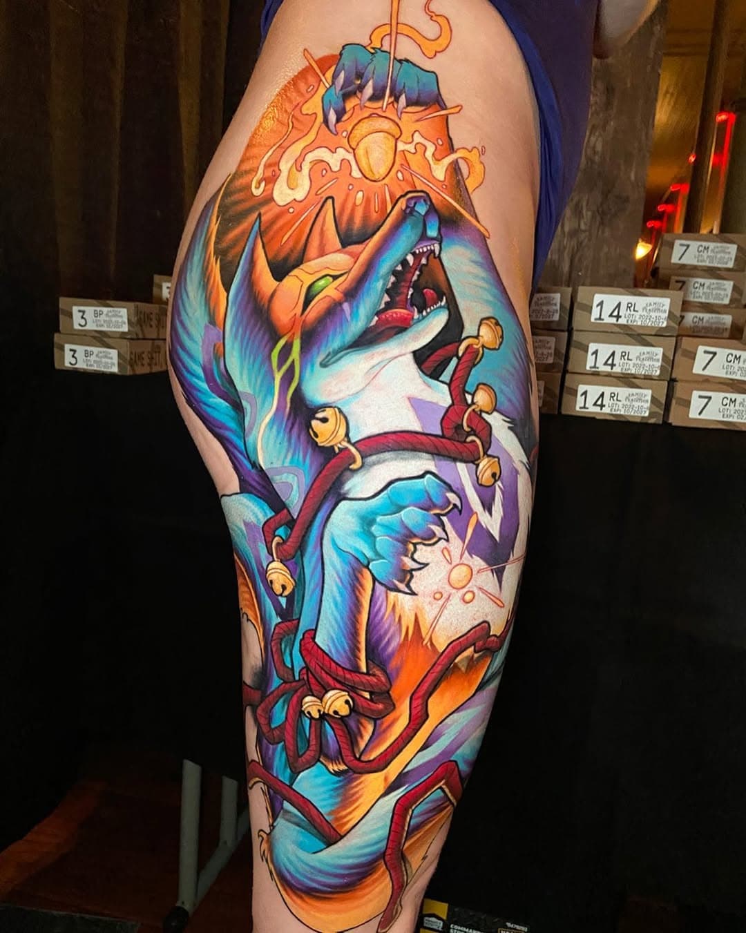 Here’s a still shot of the Kitsune we did on Tessa at @statesttattoofest over the weekend. She sat for 3 days and earned Best in Show color. Thank you, again, Tessa! #bigtattoo #bestinshow #kitsune #legtattoo #nctattoo #charlottetattoo #nctattooers #tattoosnob #d_world_of_ink #ghostgang #saturatedasfuck