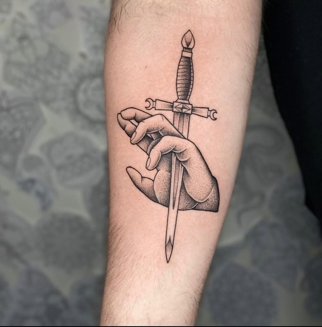 Hand and dagger by @mick_cage_tattoos #tattoo #handtattoo #dagger #daggertattoo #dotwork #blackwork #linework #illustration #belfastdotwork #blackworktattoo #belfastblackworkstattoo