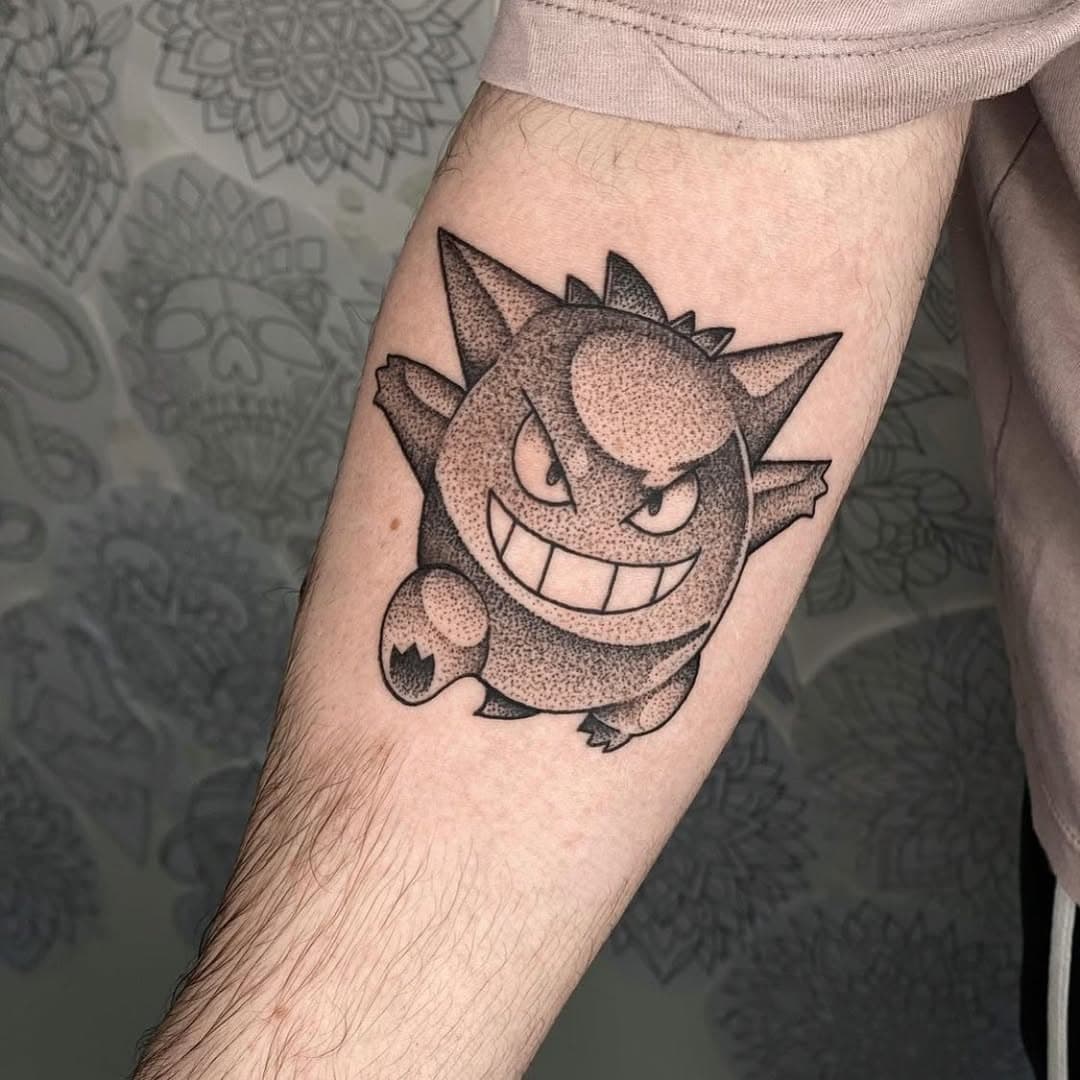 Gengar Pokémon made by @mick_cage_tattoos #pokemon #pokemonart #pokemontattoo #tattoo #linework #blackwork #dotwork #dotworktattoo #belfastdotwork #blackworktattoo #belfastblackworkstattoo