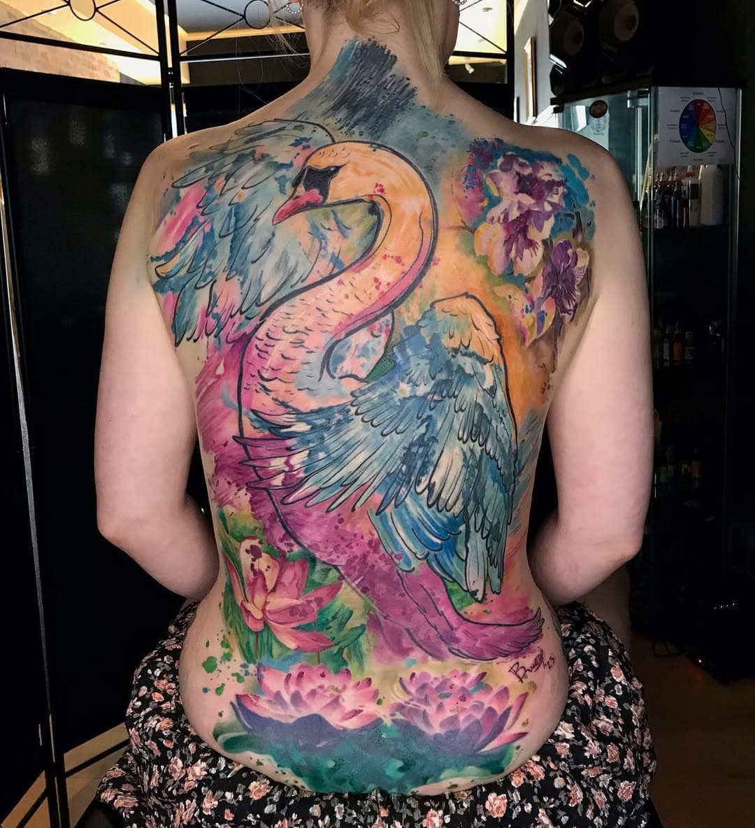 Watercolor style back piece ,almost fully healed with three cover ups @knowhowtattoo #tattoo #tattoos #tattoodesign #backpiece #swan #watercolor #watercolortattoo #ink #inked #inkedgirls #uktta #uk #portsmouth #portsmouthtattoo #2023 #knowhowtattoo #viktordimitrovart #bg #tattooartist #love #art #colour #flowers #flowertattoo #тату #татуаж #instagood #instalike