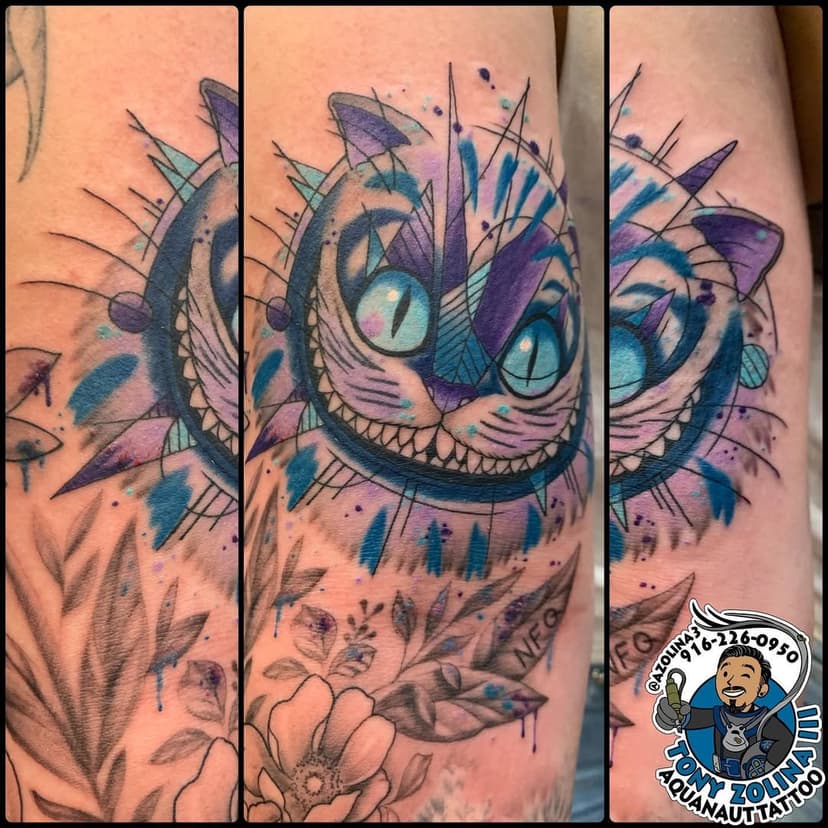 Margaret’s abstract Cheshire Cat on her inner arm #wip #az3tattoos #aquanauttattoo