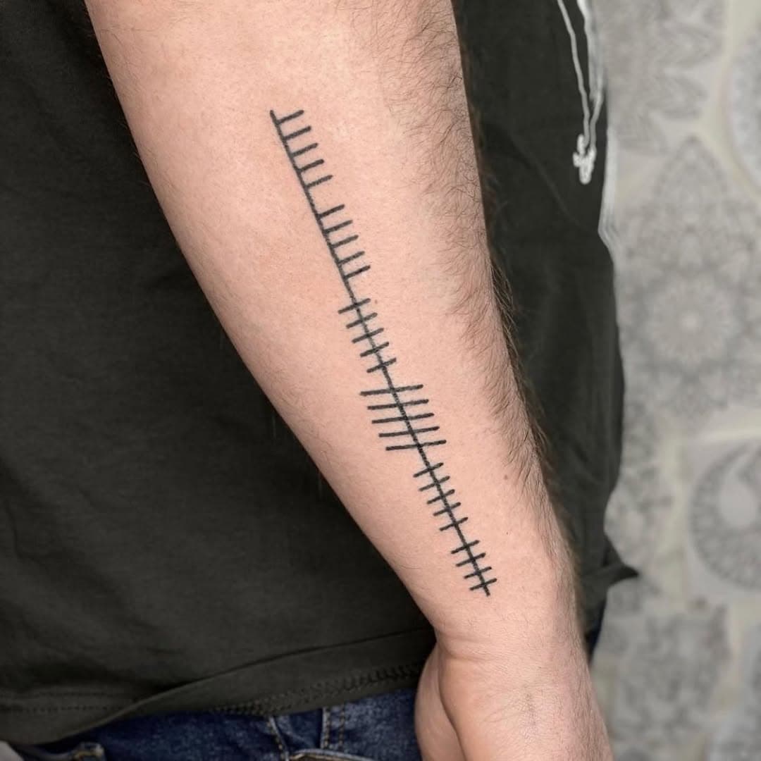 Handpoked ogham made by @mick_cage_tattoos #machinefreetattoo #tattoo #handpoke #handpokedtattoo #stickandpoke #ogham #oghamtattoo #irish #irishtattoo #linework #dotwork #blackwork #blackworktattoo #dotworktattoo #belfastdotwork #belfastblackworkstattoo