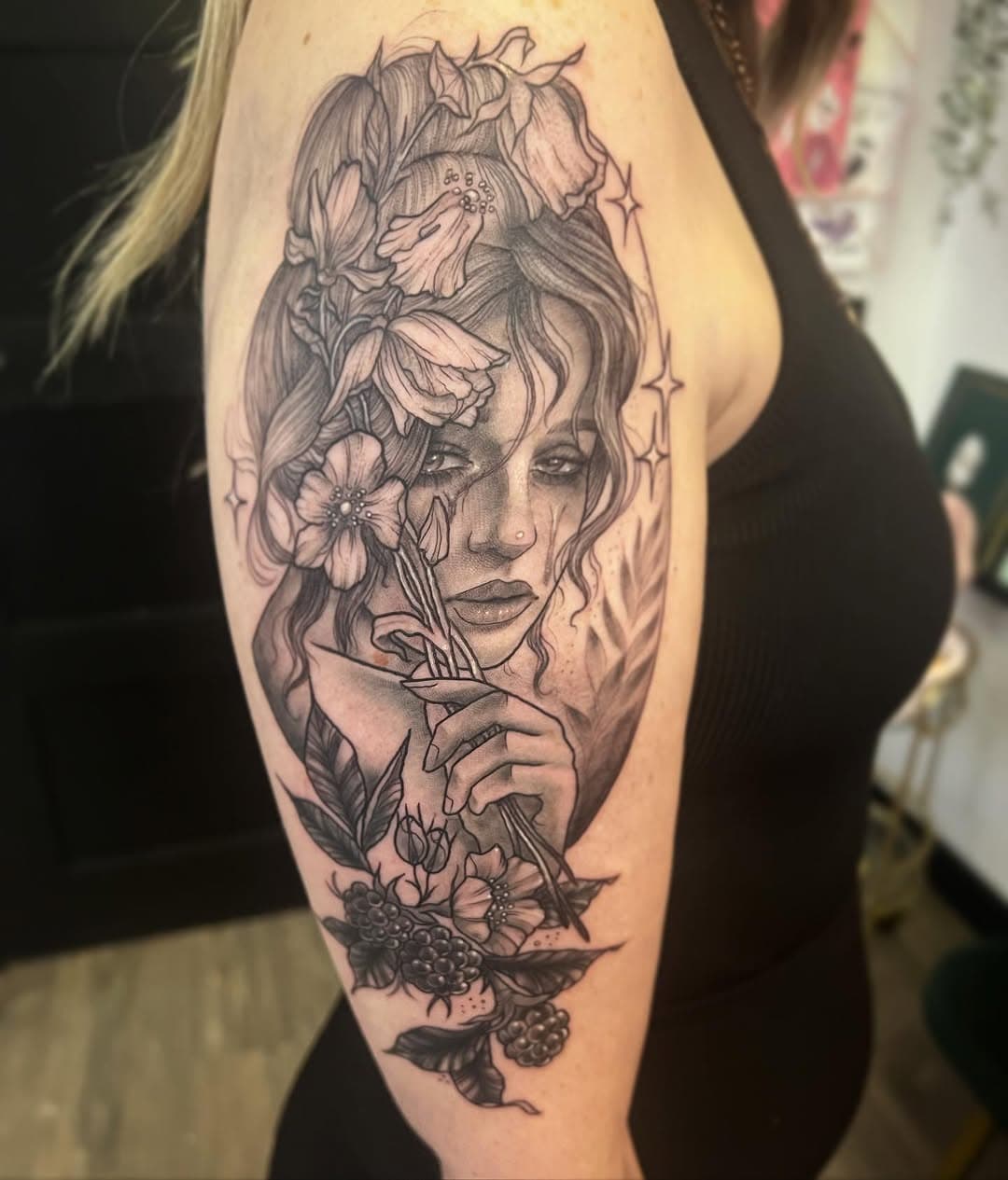 Send me dead flowers in the morning, and I won’t forget to put roses on your grave… 
I got to make this gorgeous girl with dead flowers, I can’t believe how much I enjoyed drawing dead flowers- not something I think I’ve been asked for before!
.
.
.
#sadgirltattoo #ladyfacetattoo #deadflowerstattoo #blackandgreytattoo #neotradsub #neotraditional #illustrativetattoo #ladytattooers #liverpooltattooartist