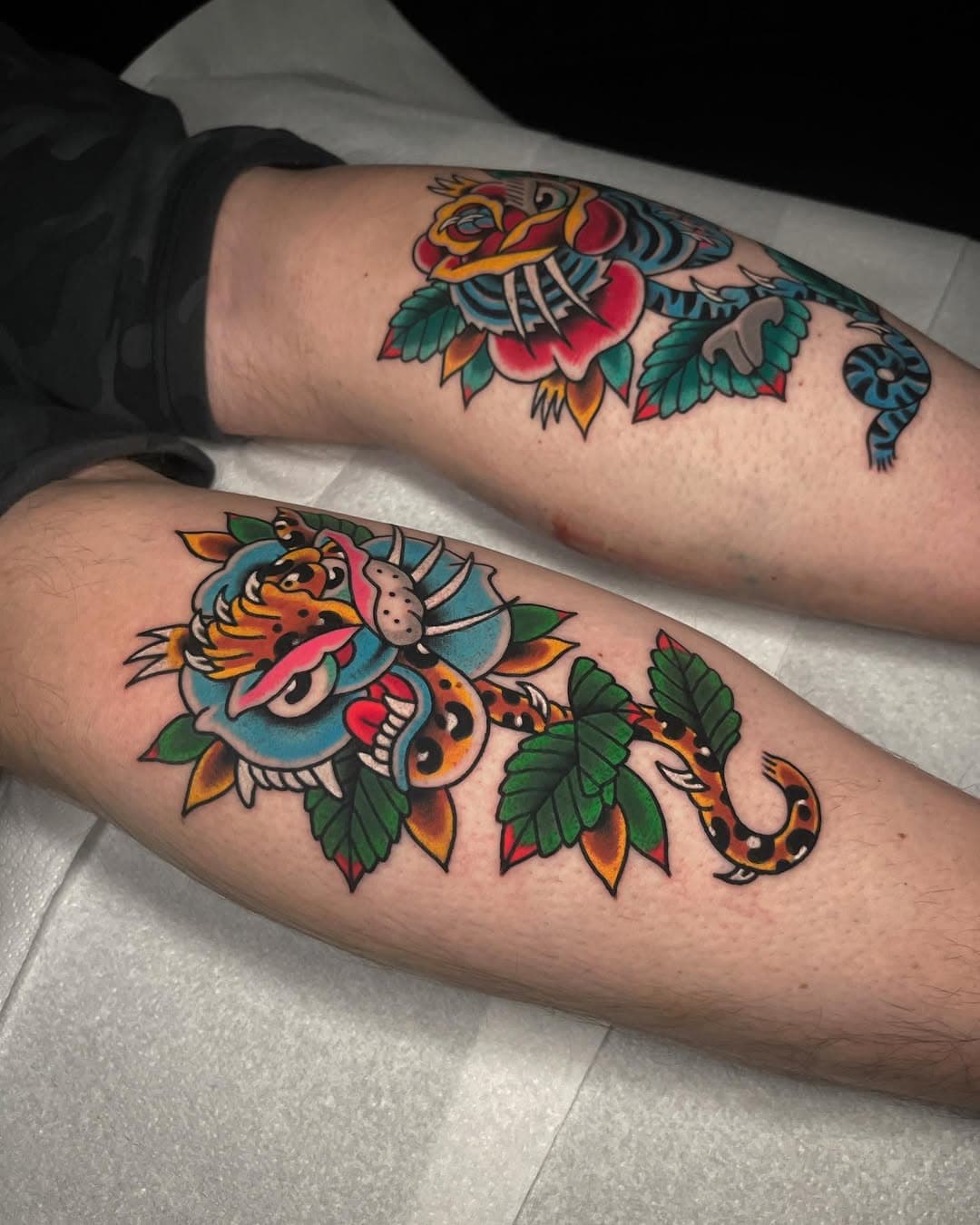 Professional sitting for Melbourne’s best tattooer @matthewnuttalltattoo #fukp both calves are no joke! Thanks dude. Was a fun day! #classictattoos #boldwillhold #traditionaltattoos #traditionaltattoo #traditionalartist #whipshaded #brightandbold #tradtattos #derbytattoo #derbytattoos #derbyshire #derbyshiredales #blackclaw #blackclawneedle #blackclawneedles #oldlines #bright_and_bold #realtraditional  #traditionalflash #tattoo #besttradtattoos