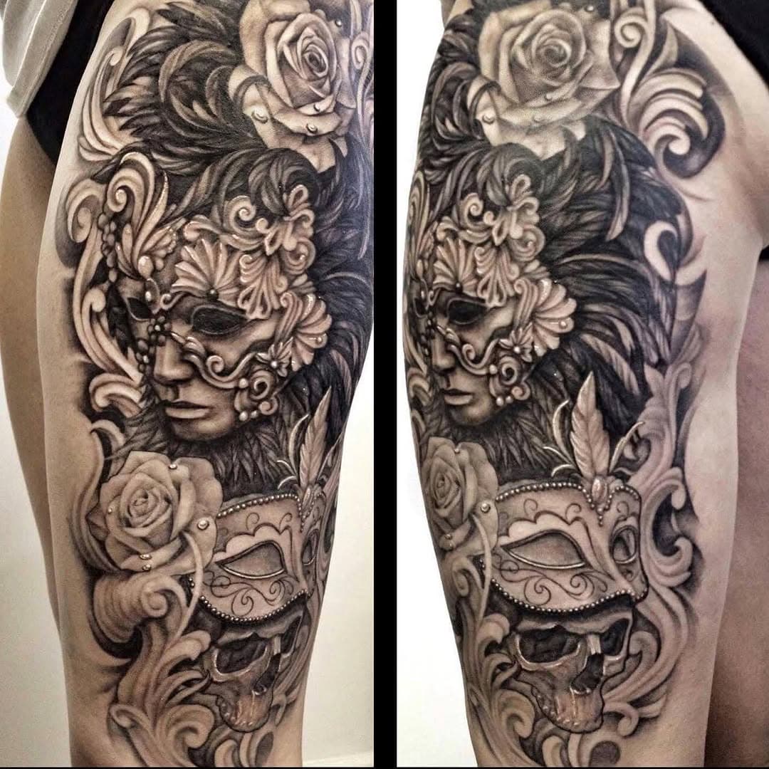 I tattooed this 11 years ago… time flies!
It’s still one of my favourite ever tattoos. I was given total freedom & artistic licence to do whatever I wanted. I work best when I just get given a subject/theme, In this case it was Venetian masks, & then I’m allowed to just run with it as long as I know the client likes my work & trusts me 100% that what I’m trying to do is the best I can do for them. Don’t get tattoos just because they’re trending right now or they’re the current new style that’s circulating the world.