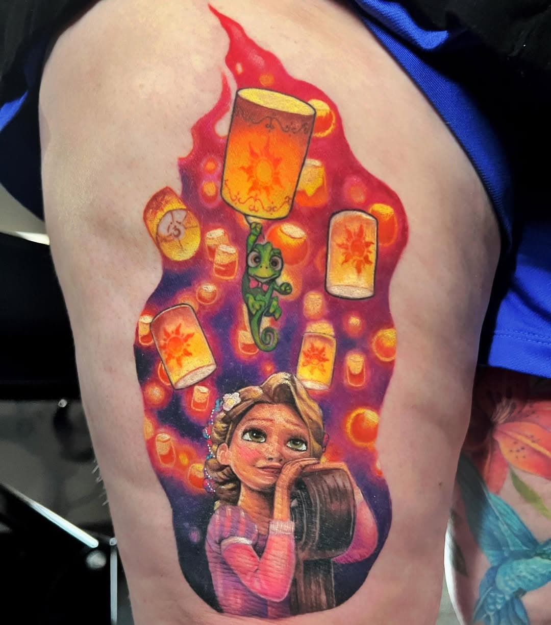 A fun color piece from the Disney animated movie 🎥 🍿 TANGLED. Parts of this piece are healed and other parts are fresh!! Tattoo done using: @blackworkgloves @blackwork_supply  MY BOOKS ARE OPEN 📲 ( link in bio ) SHOP PAGE: @7inkstattooco  SHOP SITE: www.7inkstattooco.com