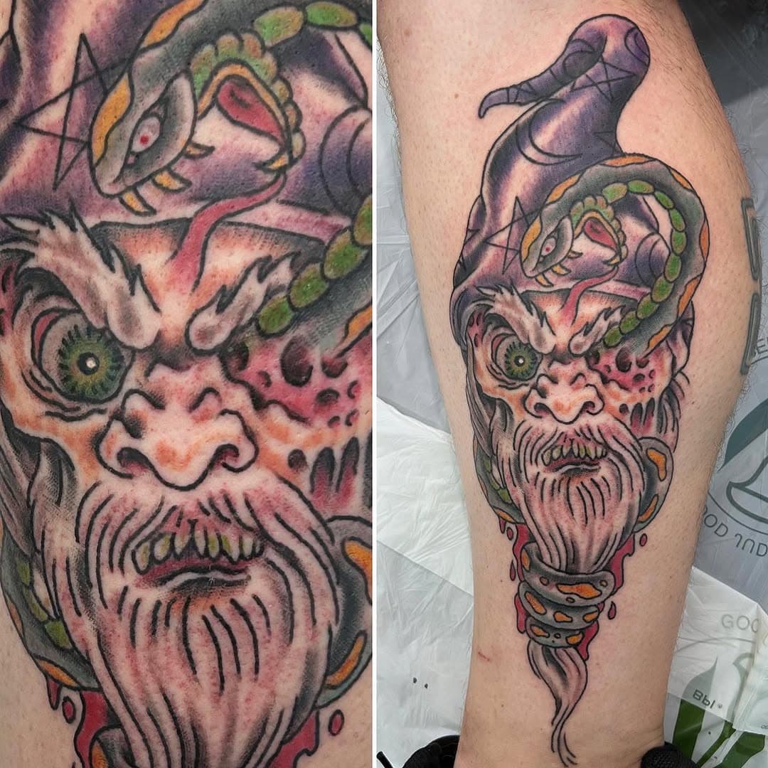 Sweet tattoo I designed from a @tattoo.paint.roll dice roll-wizard,snake,blood- lucky enough to get to do it on my great customer @gabriel_e_rose @tigertattoo_spokane  #colortattoo #wizardtattoo #traditionaltattoo #spokanetattooer #spokanetattooartist