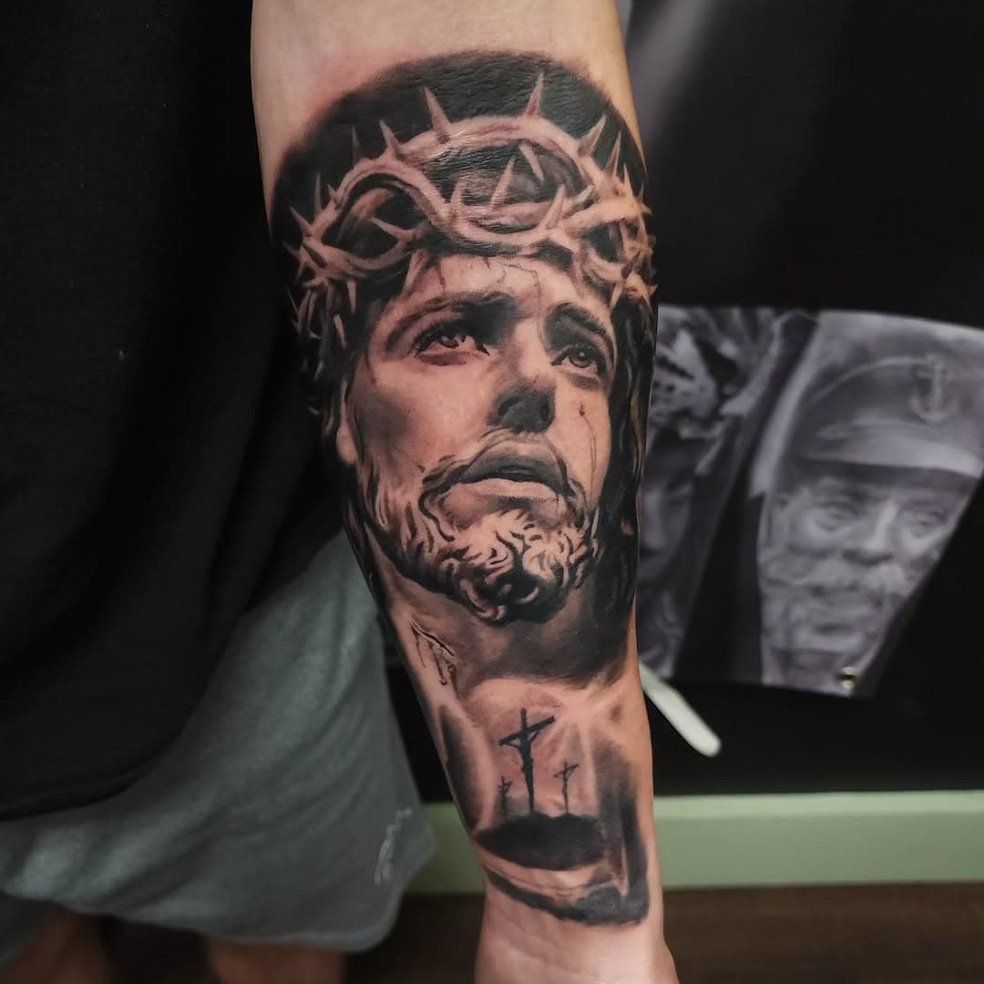 I love tattooing sculptures of religious figures #tattoo #tattoos #ink #inked #art #artist #tattooartist #blackandgreytattoo #blackandgrey #tattoo #realism #realistic #3d #portrait #sleeve #jesus #christ #Christian #crucifixion #biloxi #gulfport #golfcoast