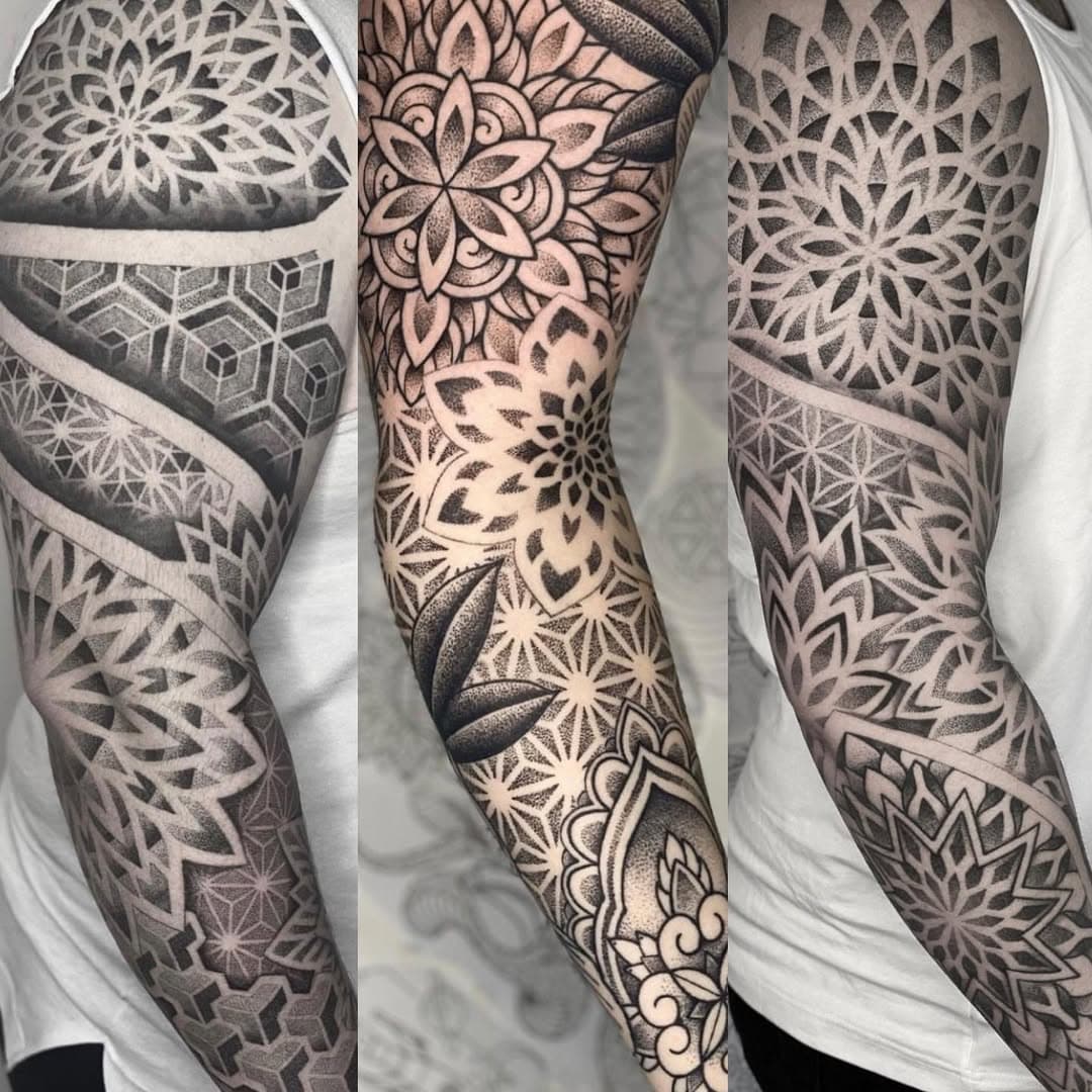 Some various sleeves made by @mick_cage_tattoos #sleeve #tattoo #geometrictattoo #geometricart #sacredgeometry #ornamentaltattoo #mandala #pattern #linework #blackwork #blackworktattoo #dotwork #dotworksleeve #belfastdotwork #belfastblackworkstattoo