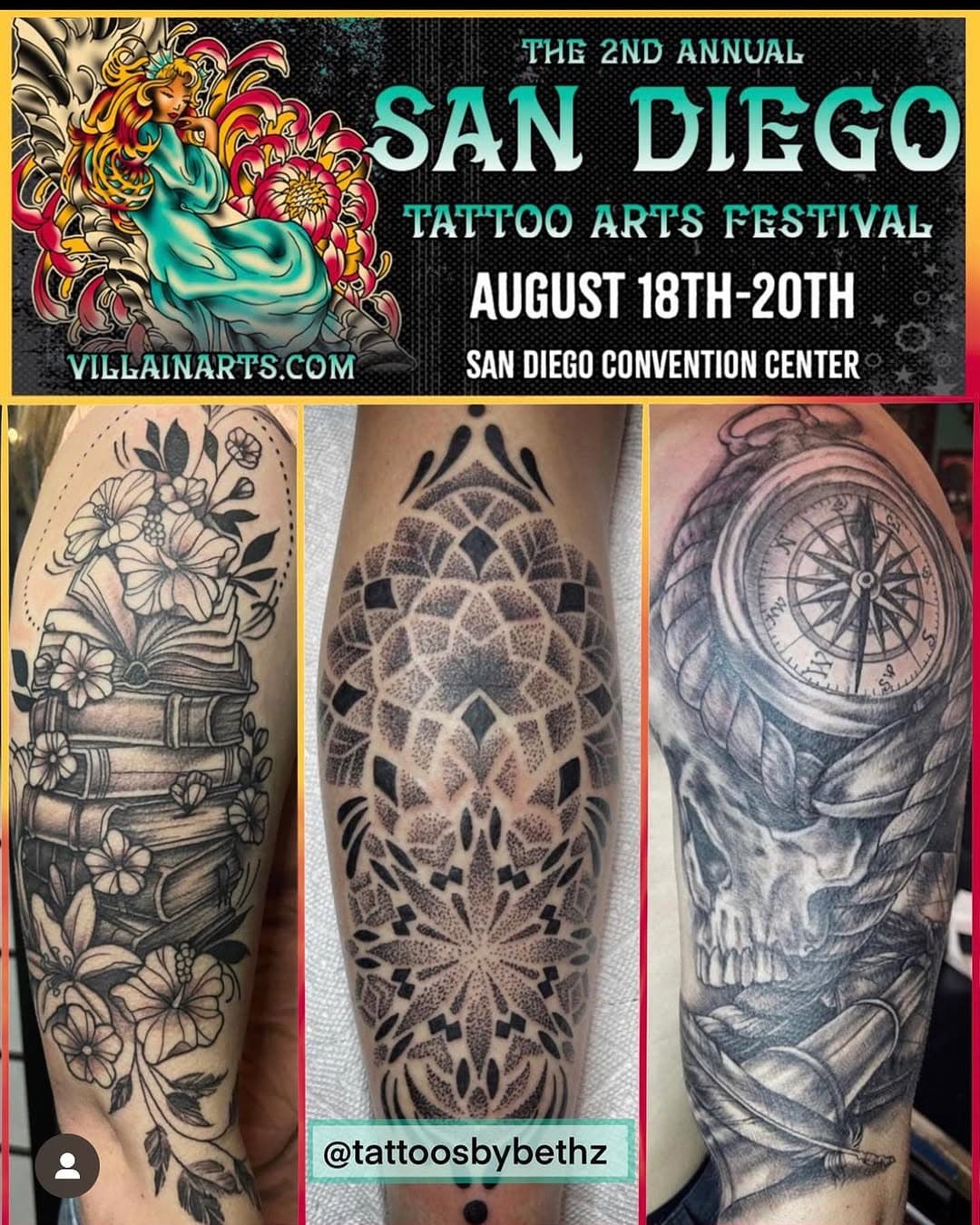 Looks like our very own @tattoosbybethz and @nochance will be tattooing at the #villianartstattooconvention in San Diego this year! Cruise by august 18th to the 20th and get some convention tats