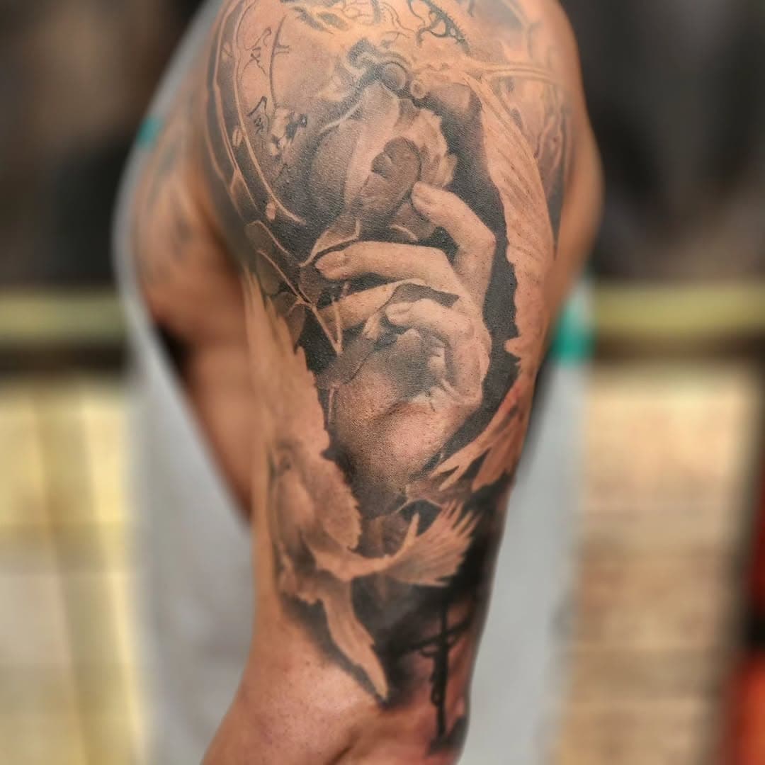 Healed half sleeve. Open minded people get the coolest work 😎 #tattoo #tattoos #ink #inked #art #artist #blackandgray #blackandgrey #greywash #realism #realistic #portrait #sleeve #halfsleeve #3dtattoo #gulfport #biloxi #gulfcoast #hand tattoo #rose #religious