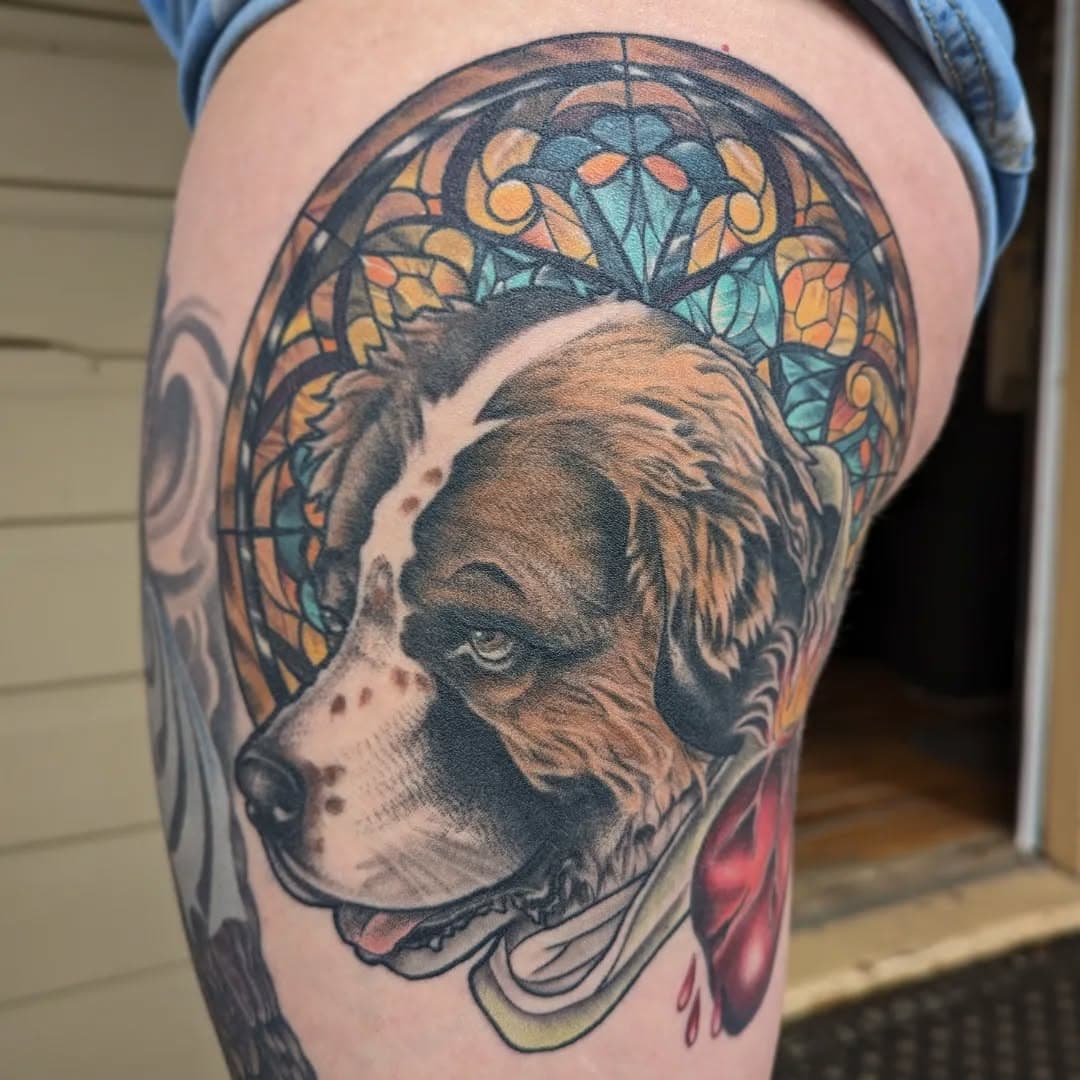 Honoring the memory of Saint Terrence. Freshly healed tattoo. Thank you Meg. 
•
•
•
#memorialtattoo #saintbernard #saintbernardtattoo #calicoqueentattoo #candicebradleytattoos #crestedbuttetattoo #colortattoo #pettattoo #dogtattoos #gunnisontattoo #tattoolife