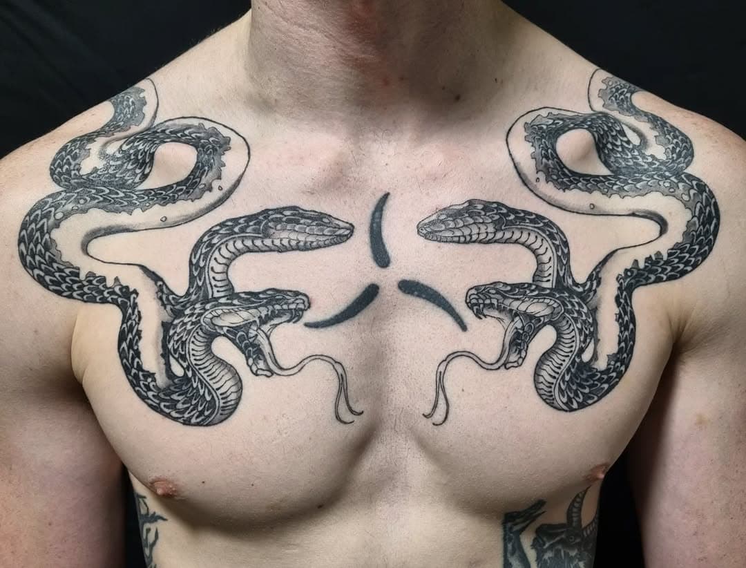 Healed double headed snake for Darian @_montage_of_heck. Done at @wellington.tattoo.convention thanks being the coolest bud