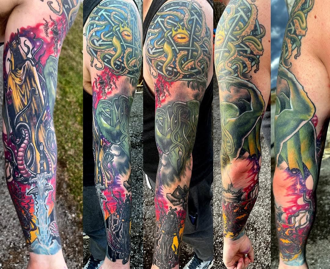 Lovecraft sleeve by Josh. #hplovecrafttattoo #lovecrafttattoo #cthulutattoo