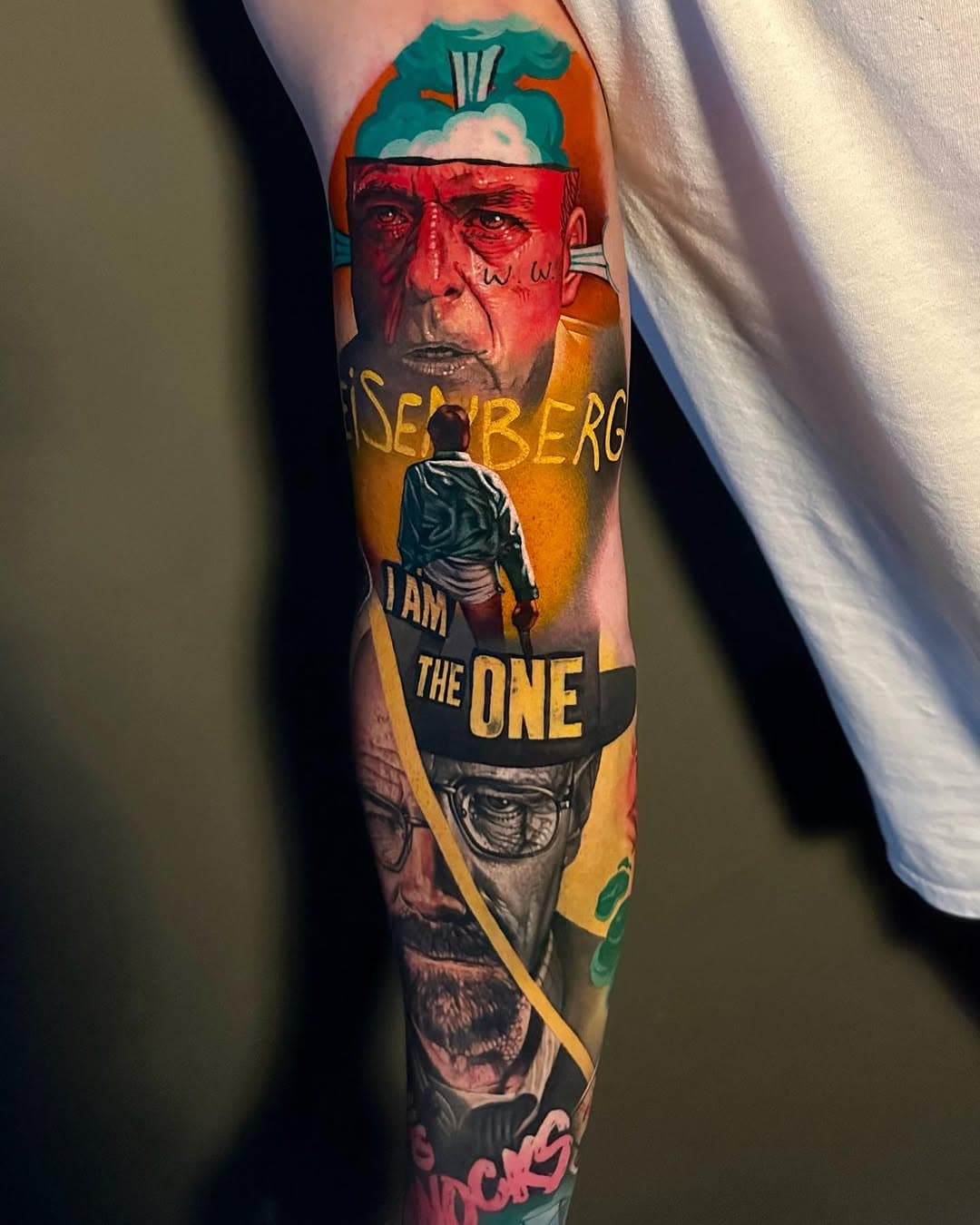 Finished another section of the breaking bad sleeve. So much fun cheers Tom! #breakingbad #colourtattoo #tattoo #hank #walterwhite #heisenberg